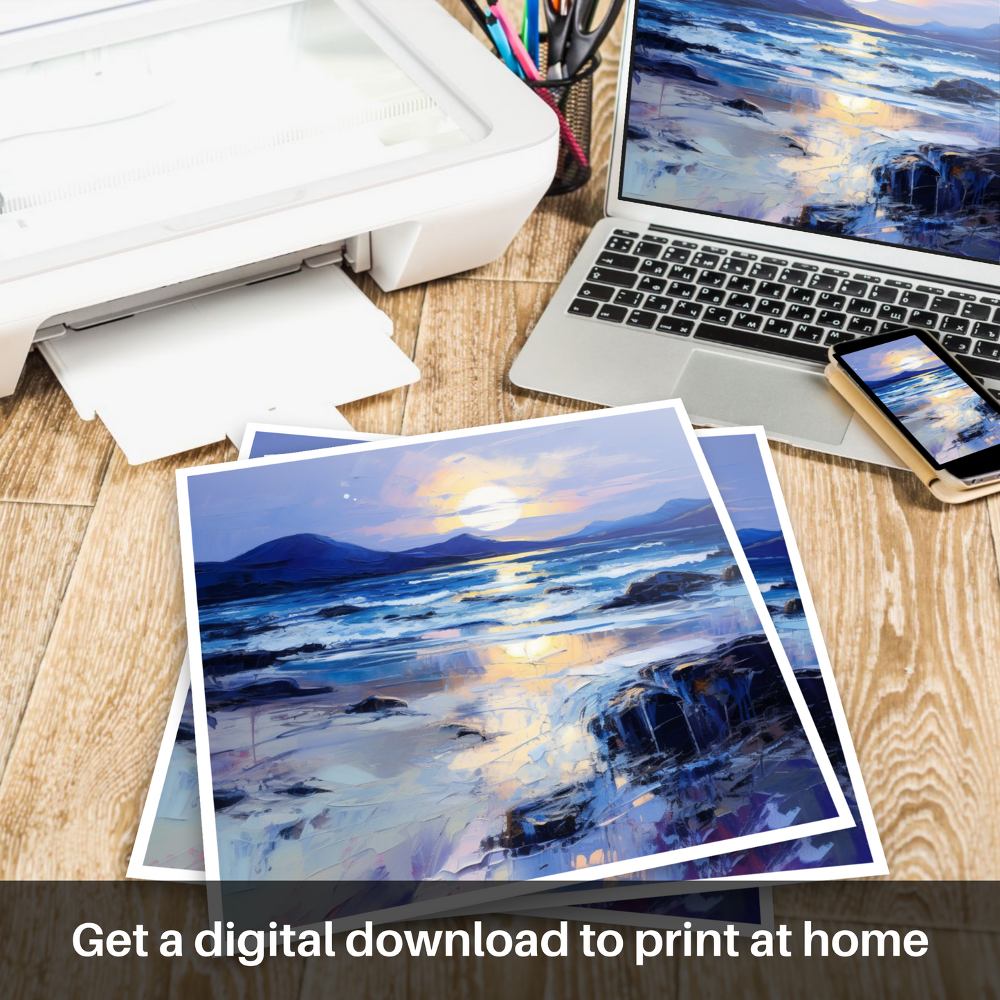 Painting and Art Print of Traigh Mhor at dusk. Dusk Embrace at Traigh Mhor.