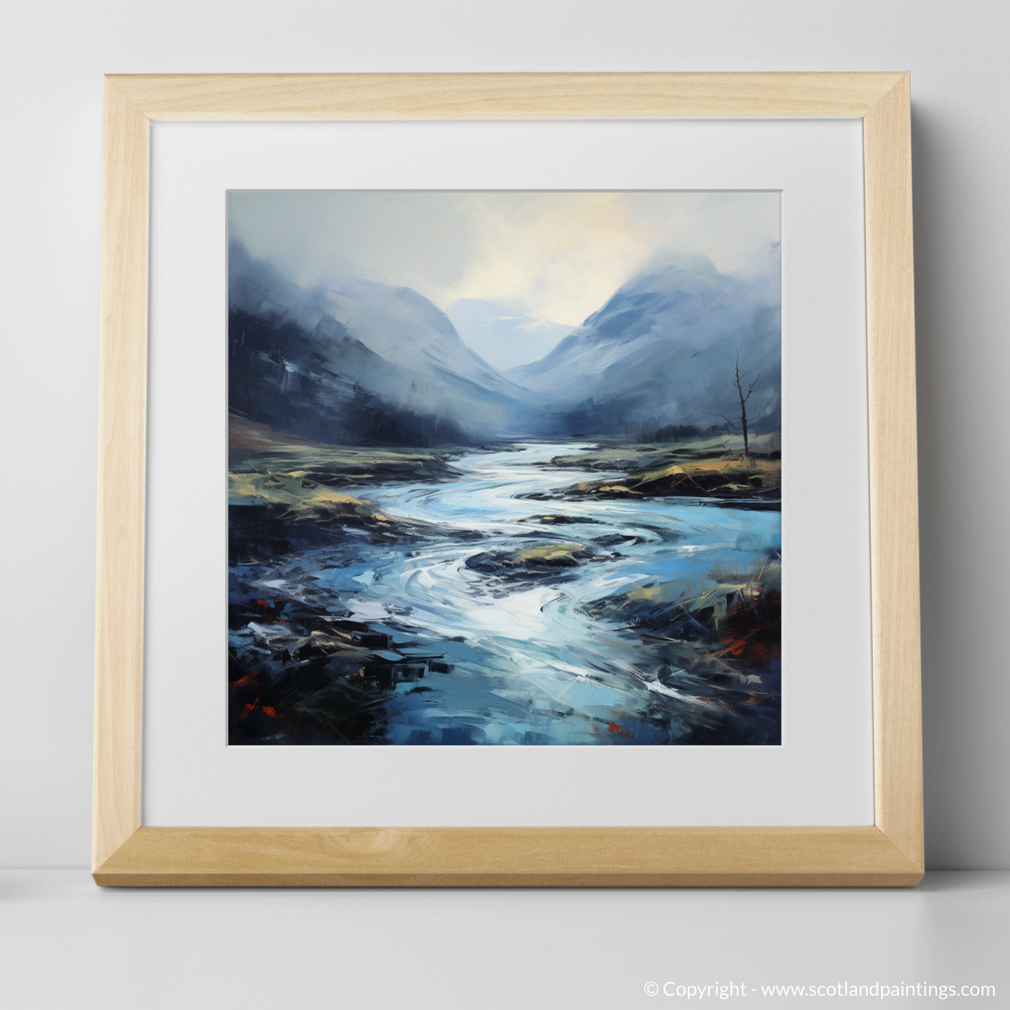 Art Print of Mist over river at dawn in Glencoe with a natural frame