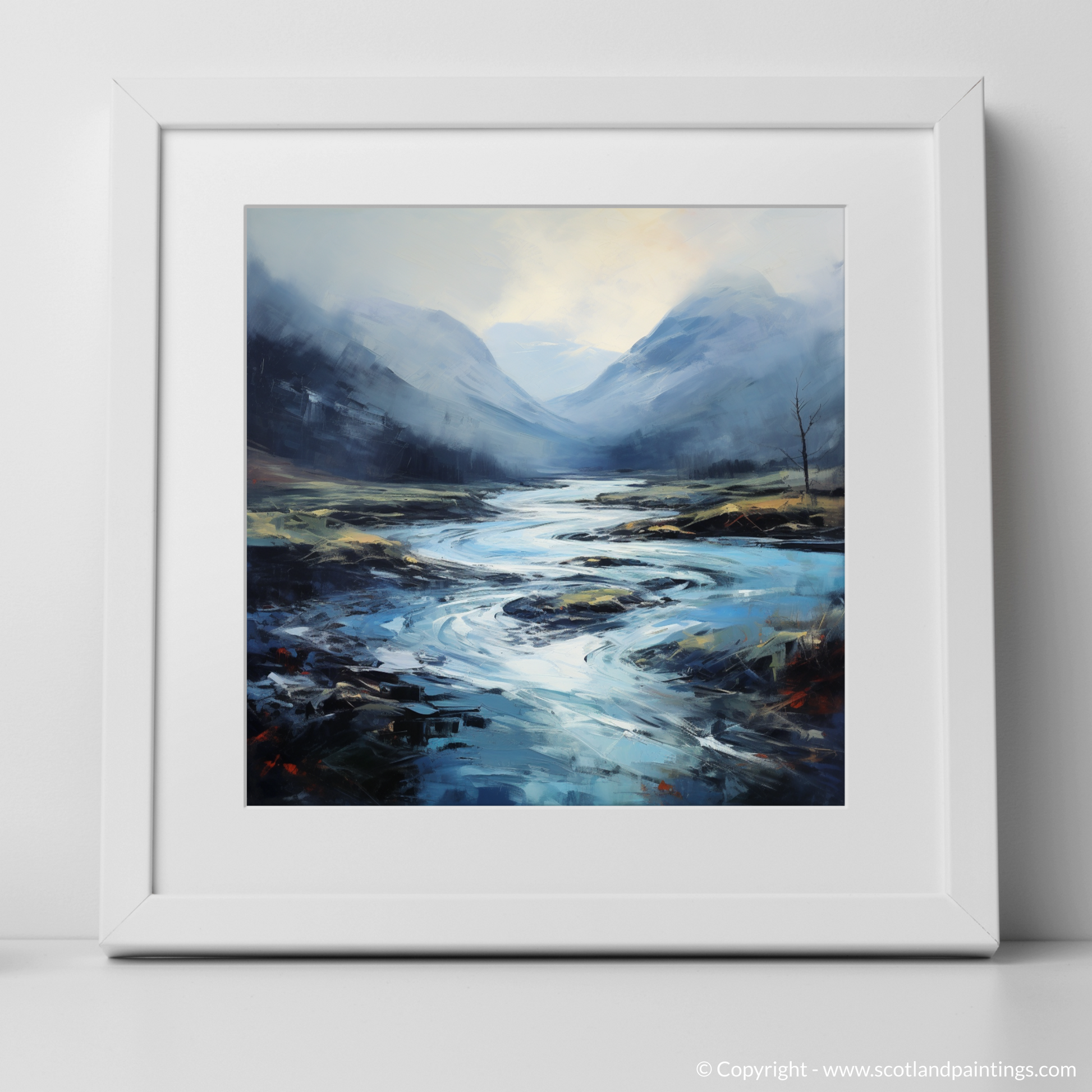 Art Print of Mist over river at dawn in Glencoe with a white frame