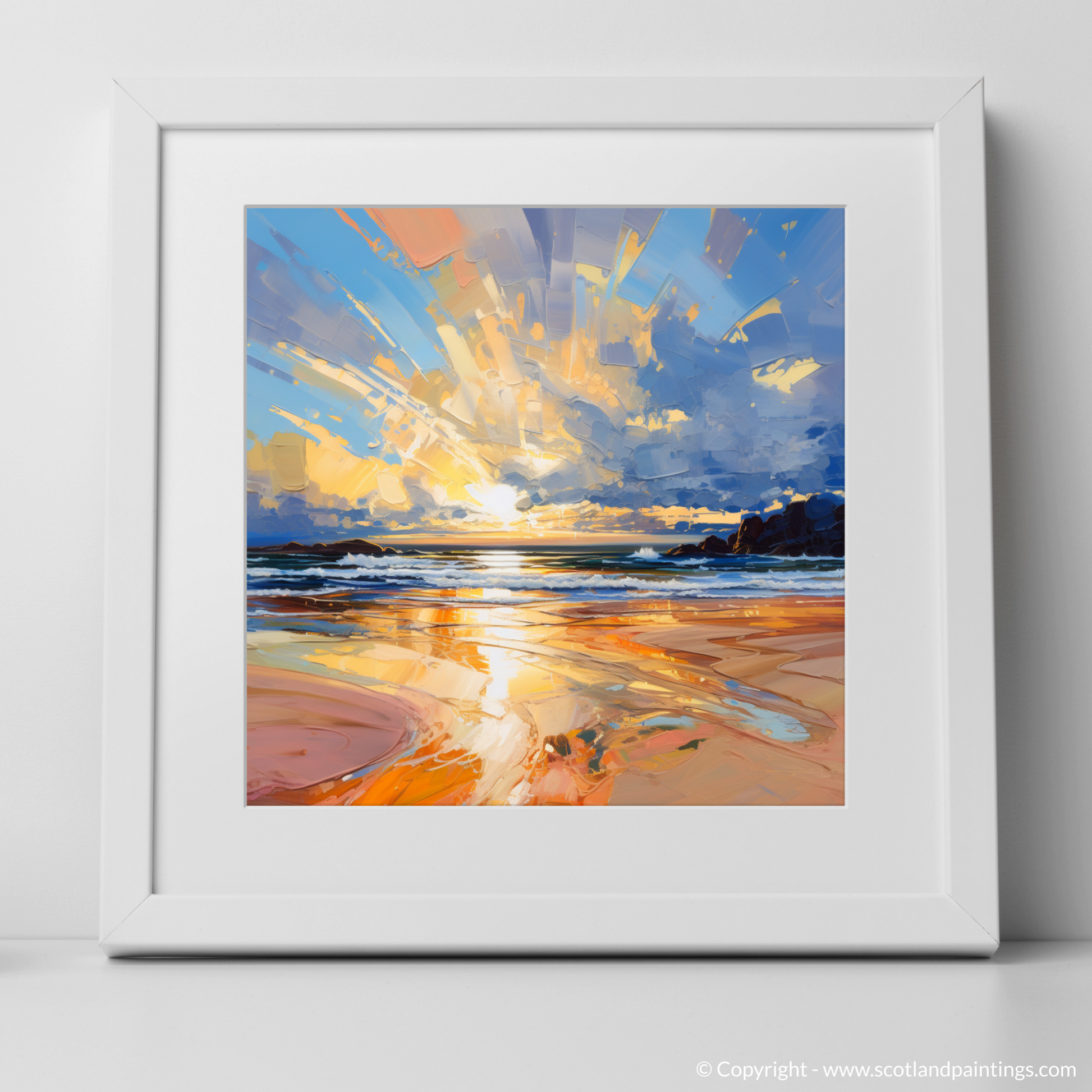 Art Print of Balmedie Beach at golden hour with a white frame