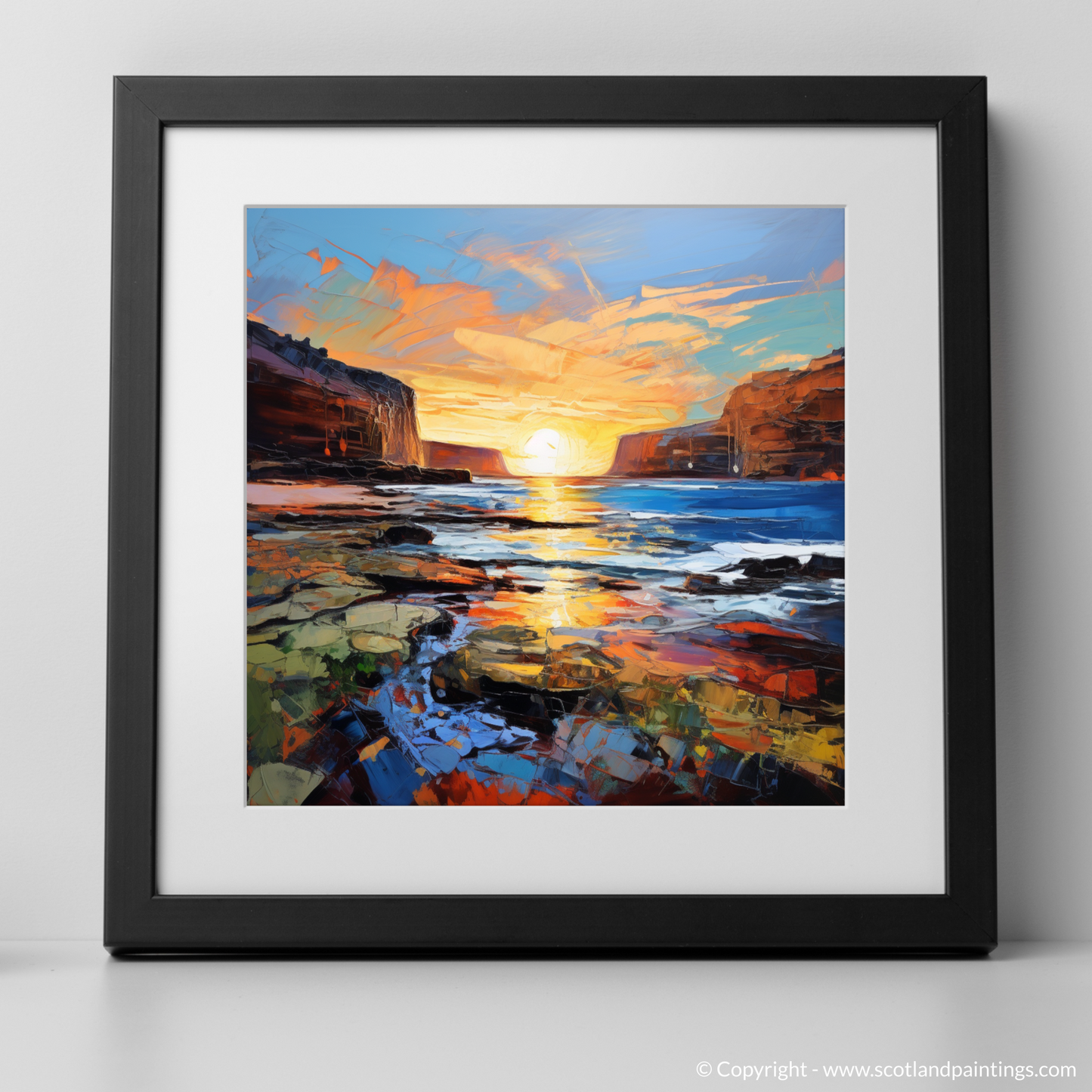 Painting and Art Print of Catterline Bay at golden hour. Golden Hour at Catterline Bay: An Expressionist Ode to Scottish Shores.