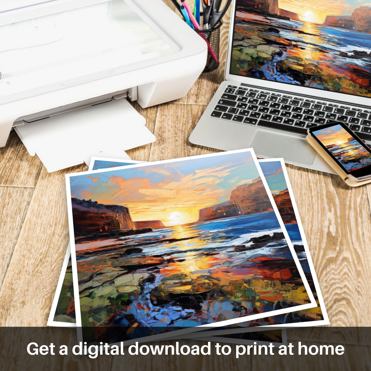 Painting and Art Print of Catterline Bay at golden hour. Golden Hour at Catterline Bay: An Expressionist Ode to Scottish Shores.