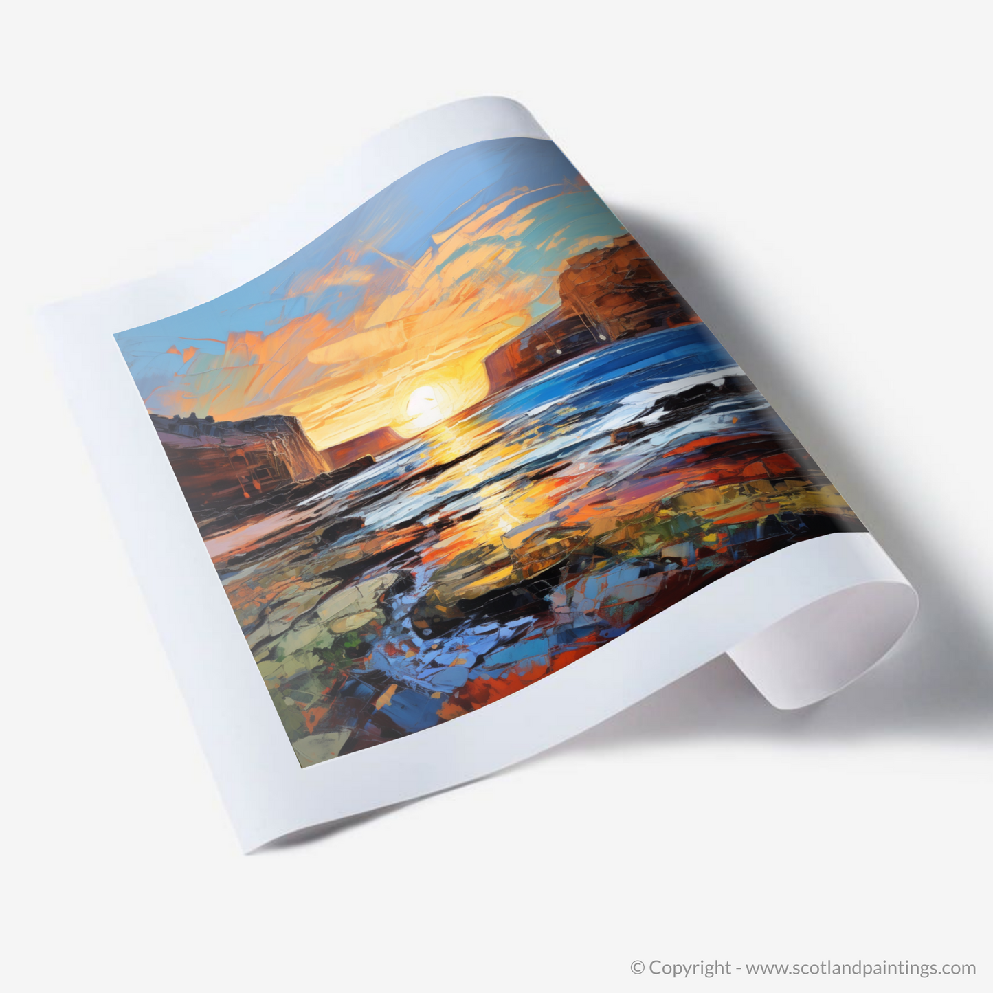Painting and Art Print of Catterline Bay at golden hour. Golden Hour at Catterline Bay: An Expressionist Ode to Scottish Shores.