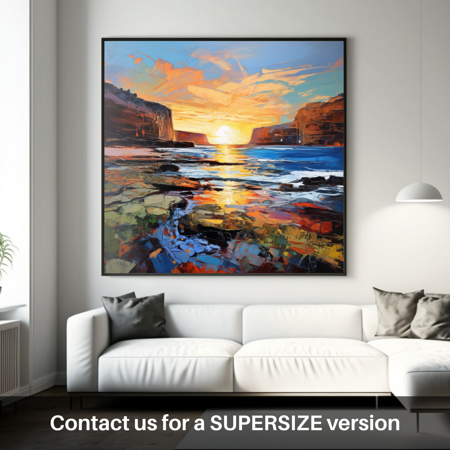 Painting and Art Print of Catterline Bay at golden hour. Golden Hour at Catterline Bay: An Expressionist Ode to Scottish Shores.