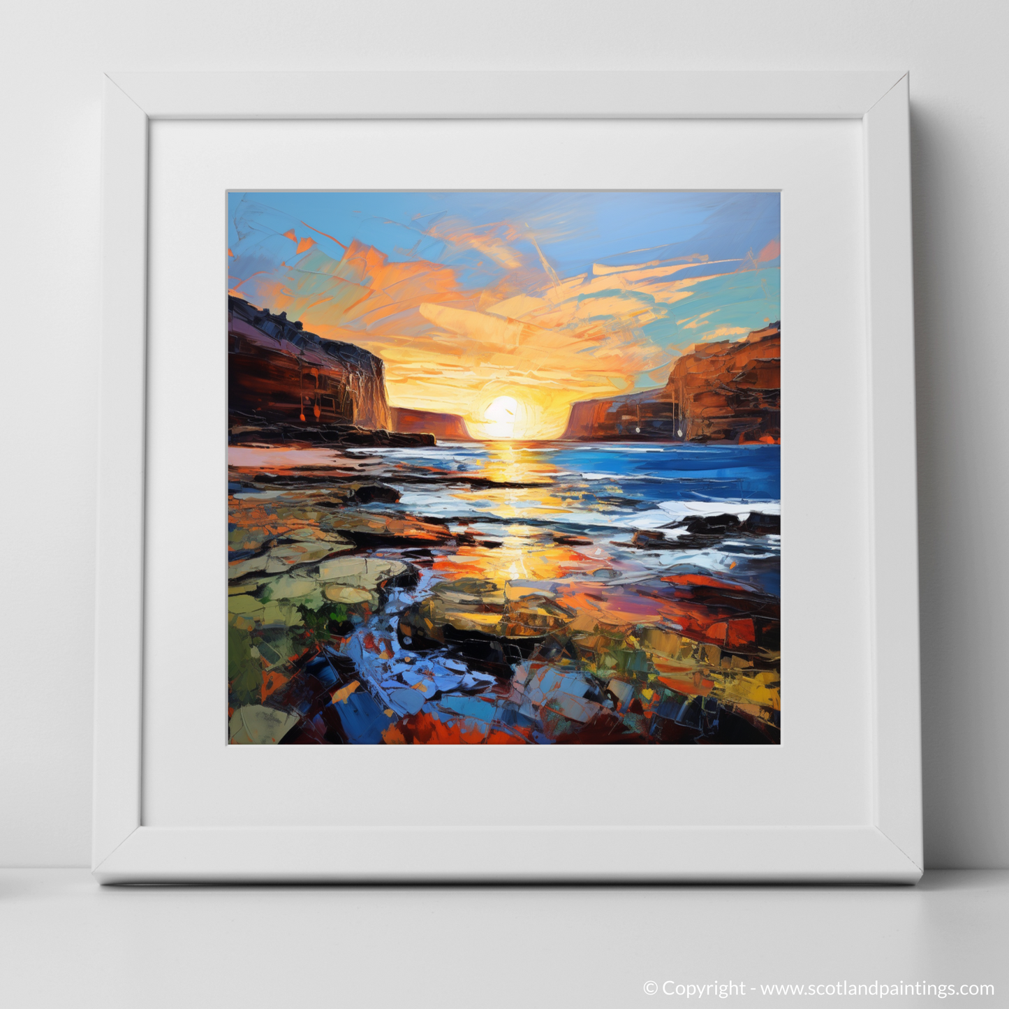 Painting and Art Print of Catterline Bay at golden hour. Golden Hour at Catterline Bay: An Expressionist Ode to Scottish Shores.