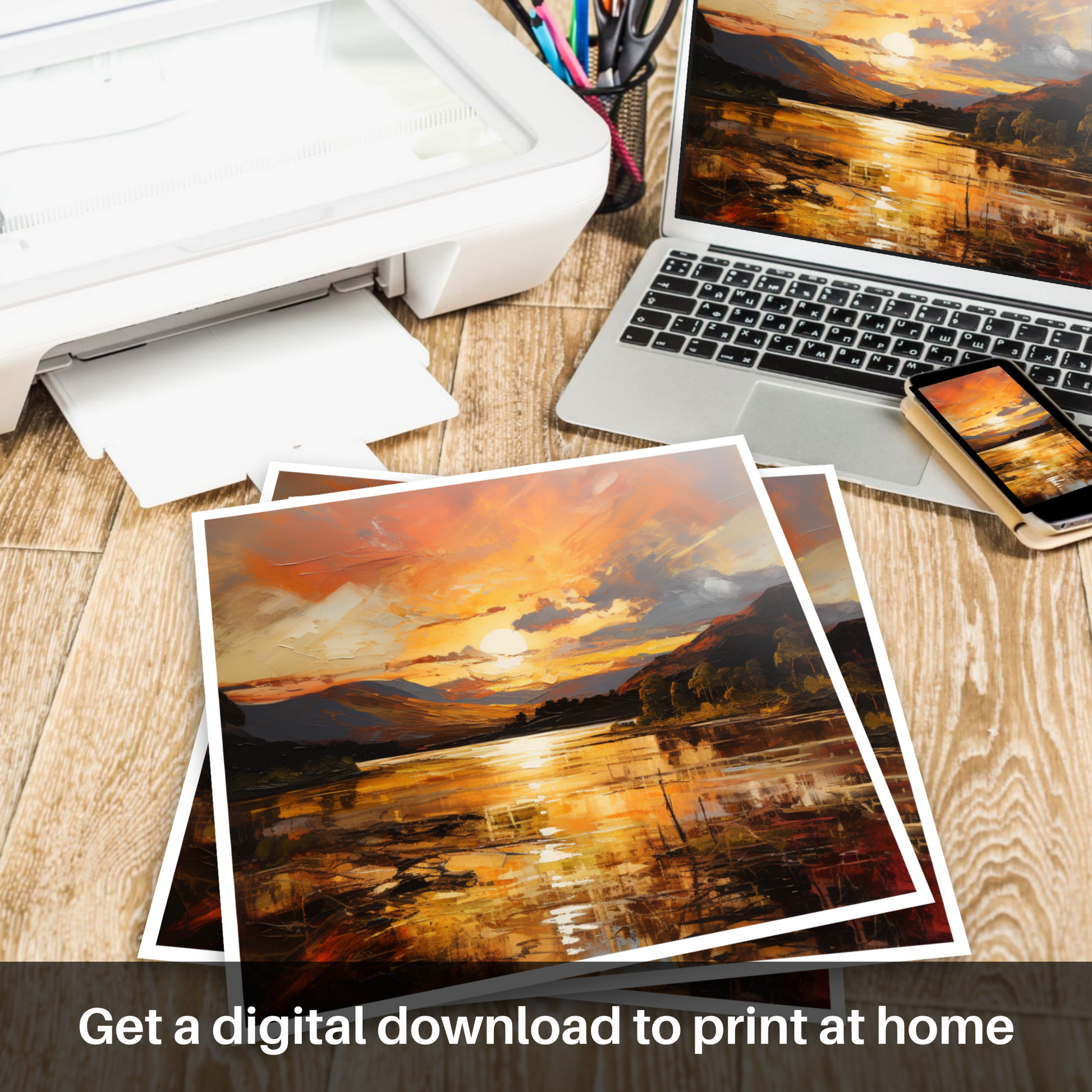 Downloadable and printable picture of Golden hour at Loch Lomond