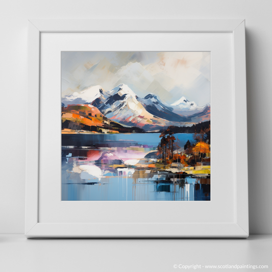 Art Print of Snow-capped peaks overlooking Loch Lomond with a white frame