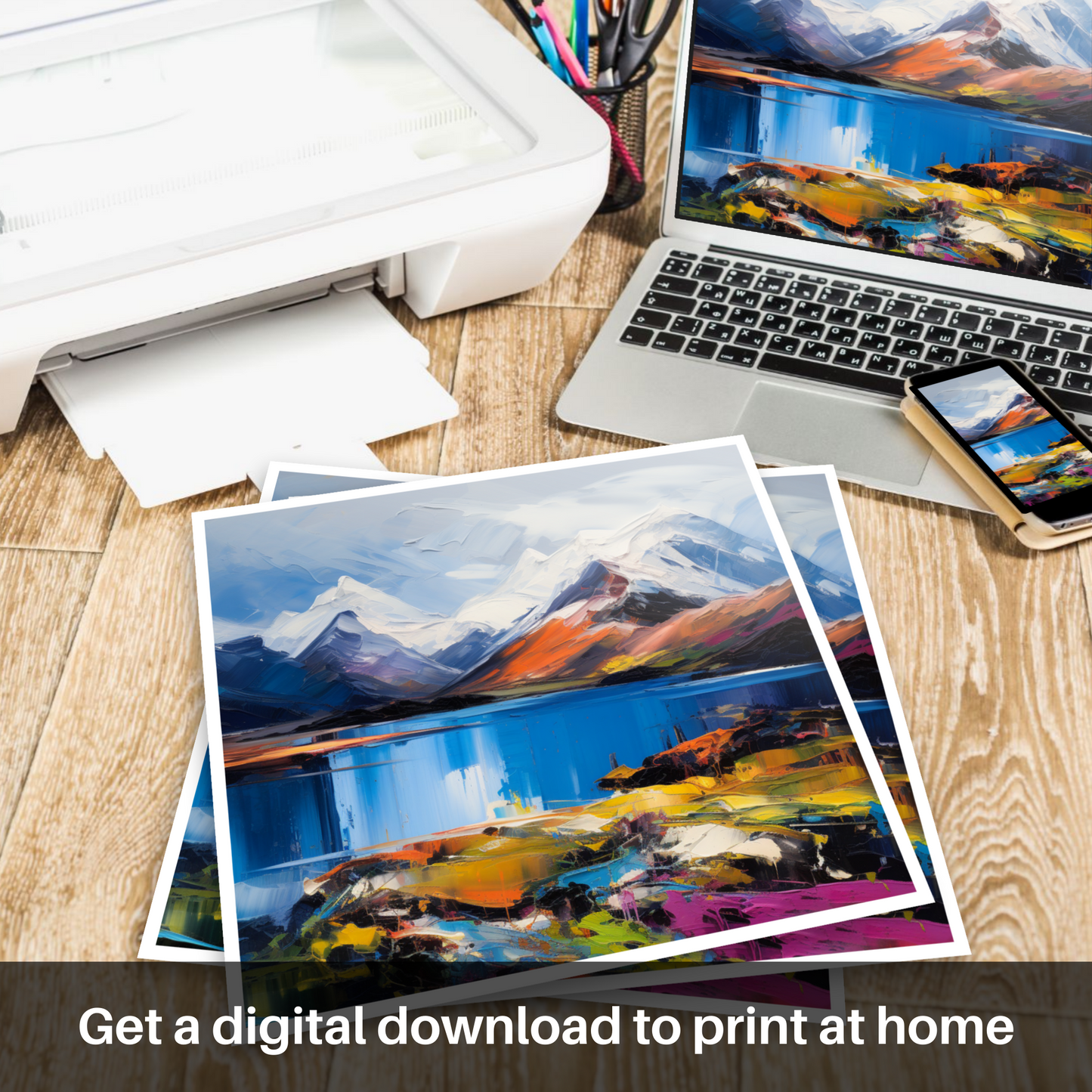 Downloadable and printable picture of Snow-capped peaks overlooking Loch Lomond