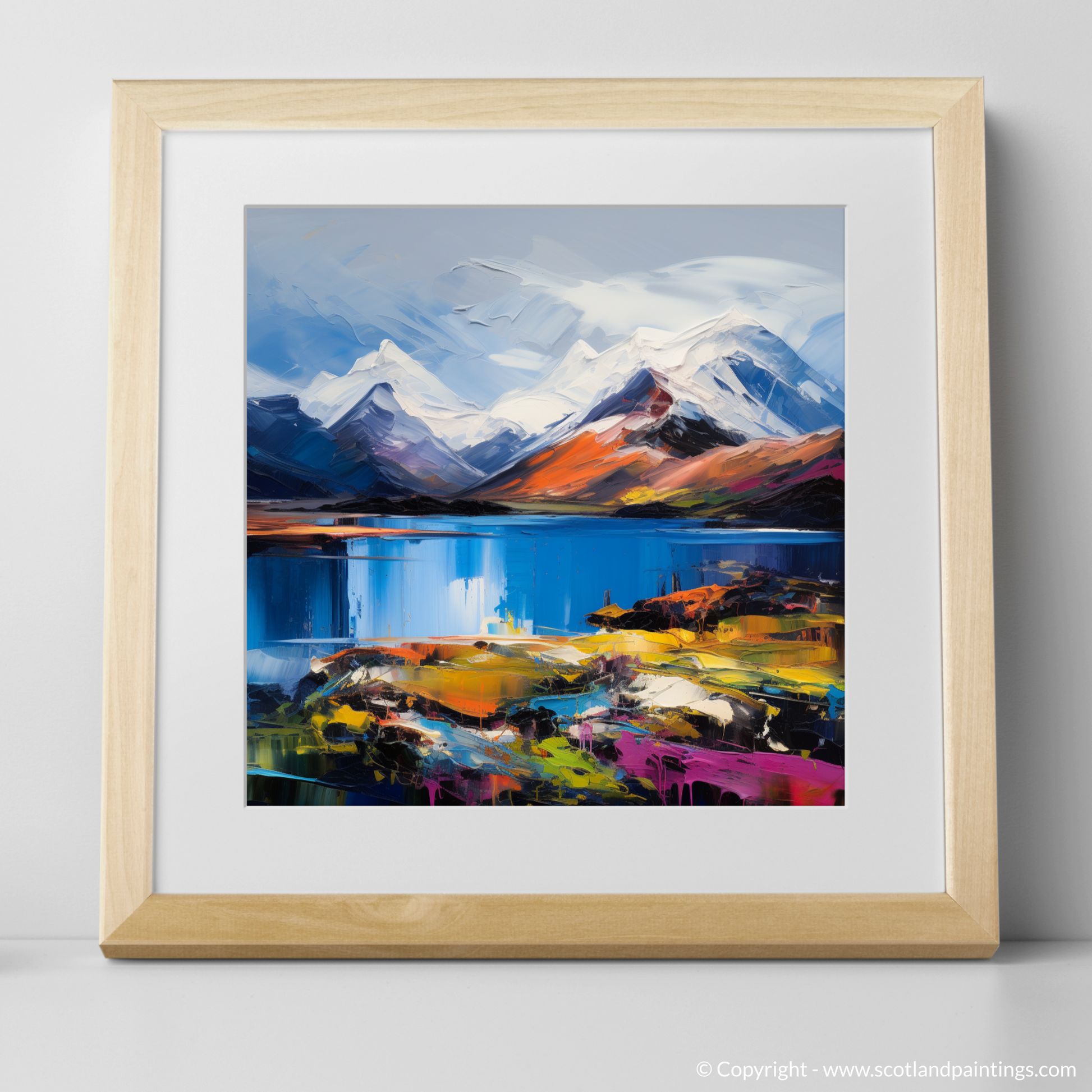Art Print of Snow-capped peaks overlooking Loch Lomond with a natural frame