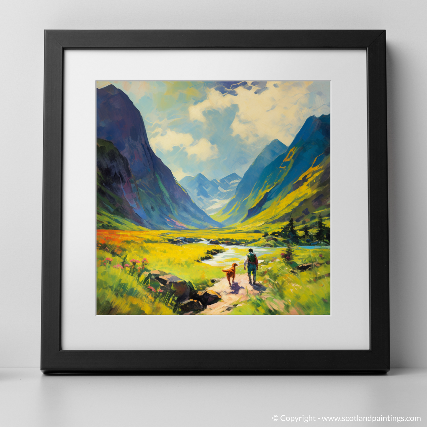 Painting and Art Print of Dog walker in Glencoe during summer. Summer Splendour in Glencoe with Man's Best Friend.