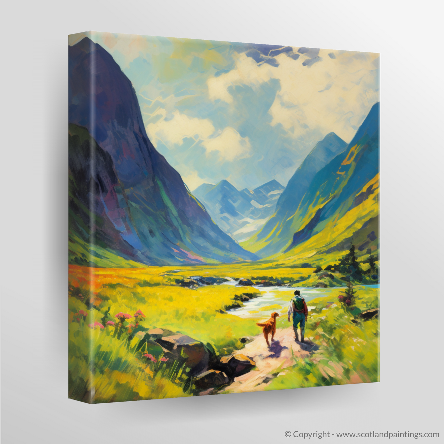 Painting and Art Print of Dog walker in Glencoe during summer. Summer Splendour in Glencoe with Man's Best Friend.