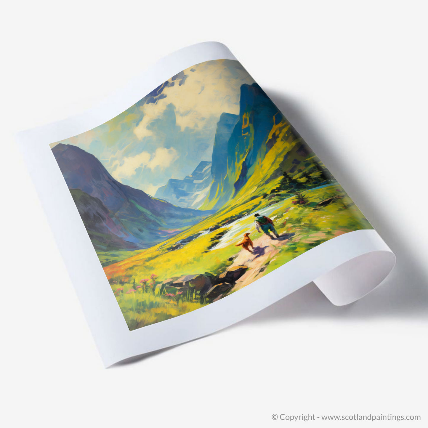 Painting and Art Print of Dog walker in Glencoe during summer. Summer Splendour in Glencoe with Man's Best Friend.