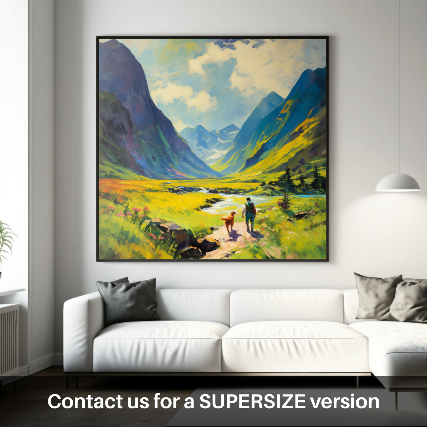 Painting and Art Print of Dog walker in Glencoe during summer. Summer Splendour in Glencoe with Man's Best Friend.