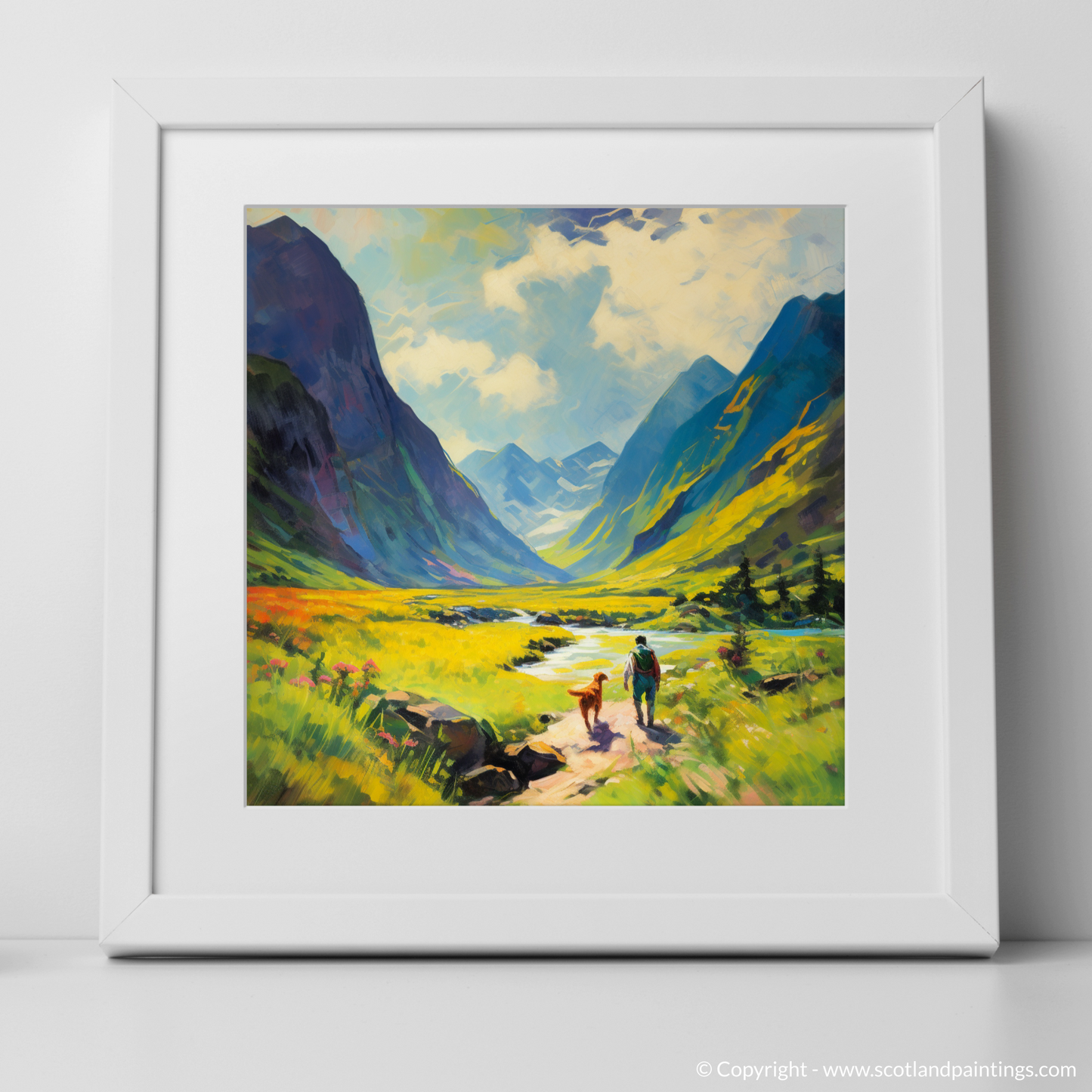 Painting and Art Print of Dog walker in Glencoe during summer. Summer Splendour in Glencoe with Man's Best Friend.