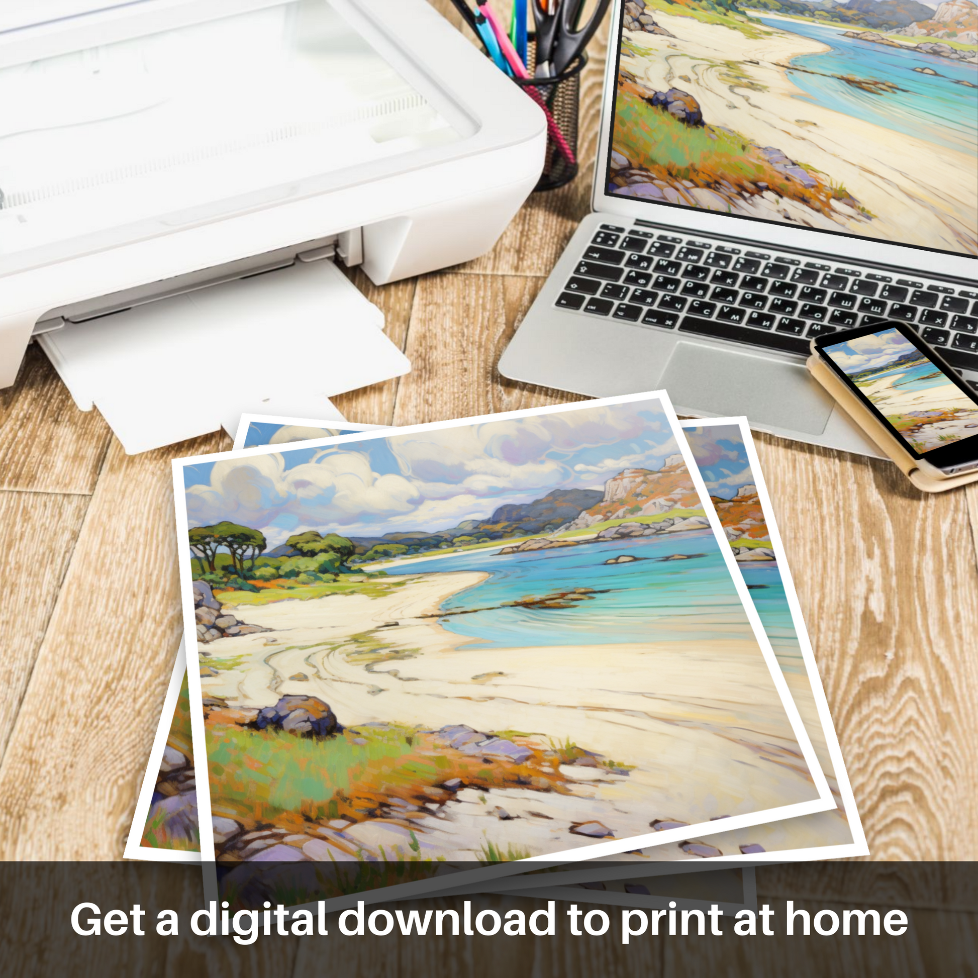 Downloadable and printable picture of Silver Sands of Morar in summer