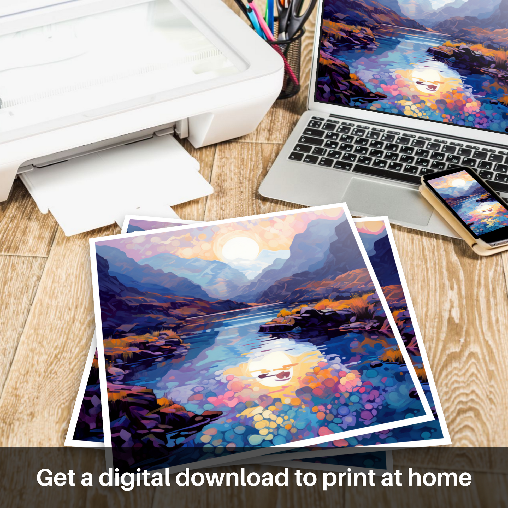 Downloadable and printable picture of Isle of Skye Fairy Pools at dusk in summer