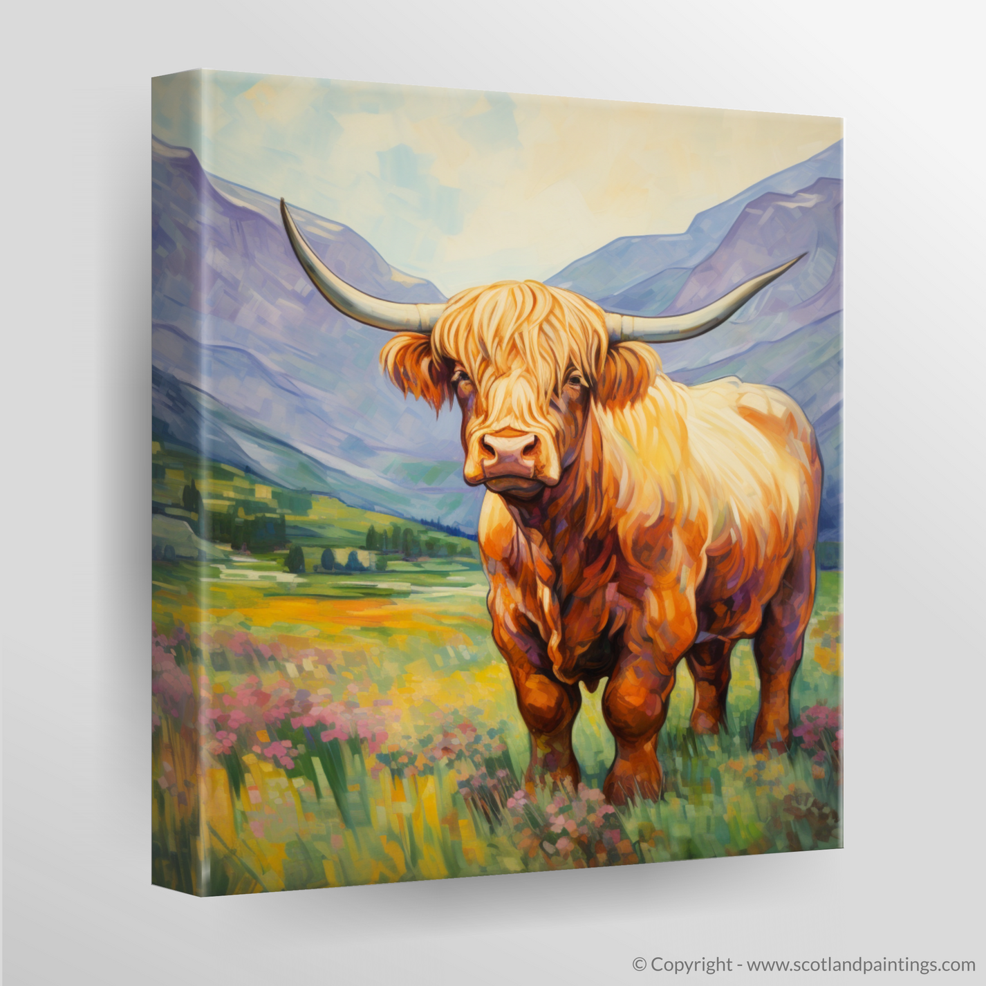 Painting and Art Print of Highland cow in Glencoe during summer entitl ...
