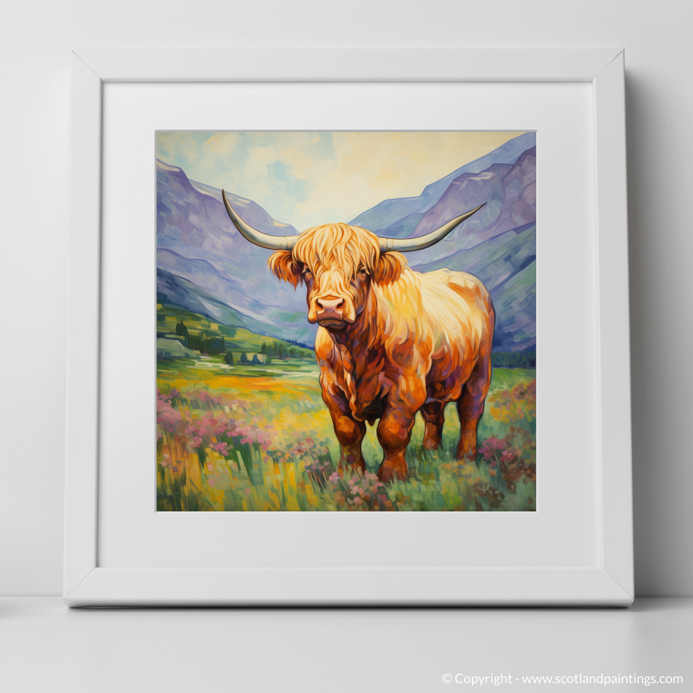 Painting and Art Print of Highland cow in Glencoe during summer entitl ...