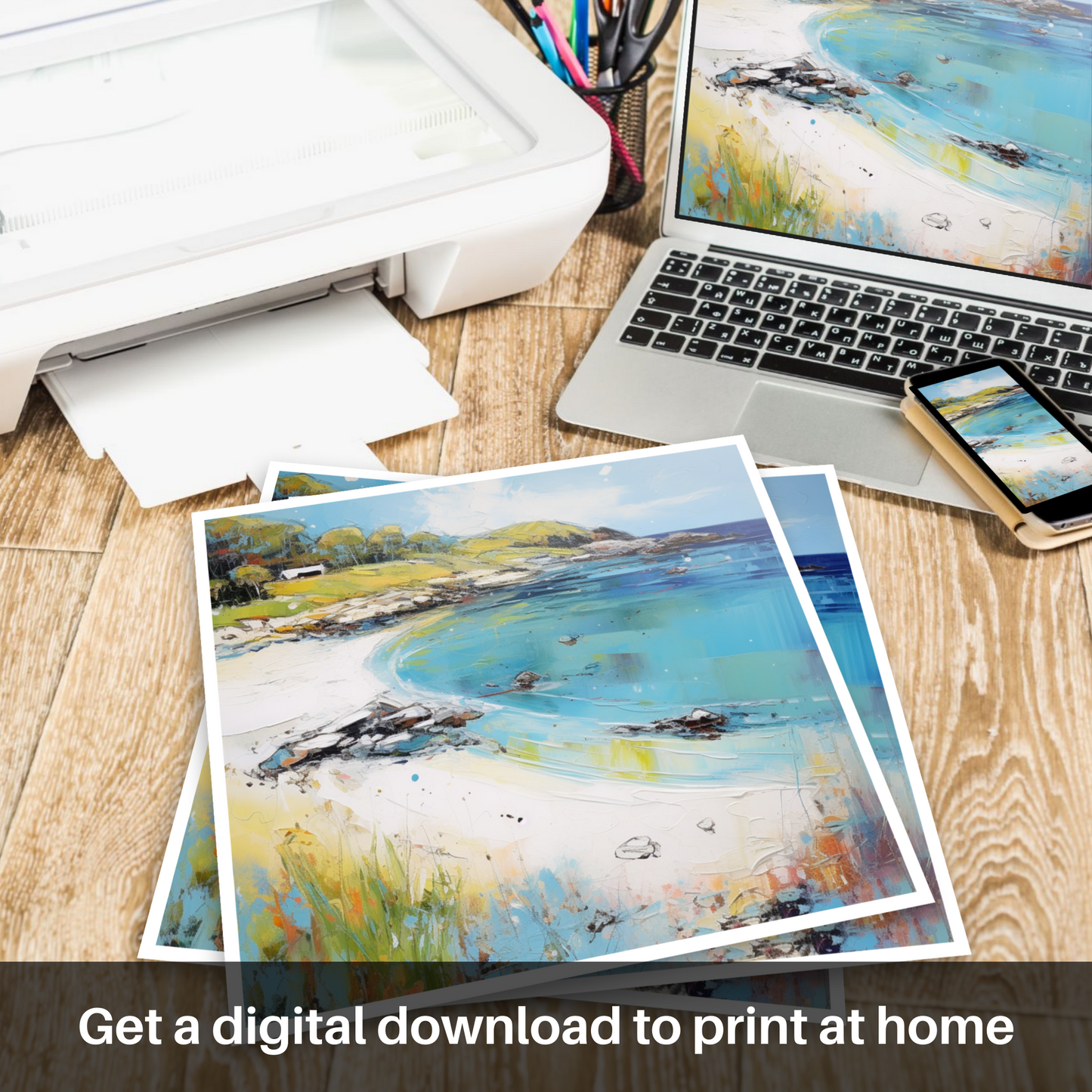 Downloadable and printable picture of Calgary Bay, Isle of Mull in summer