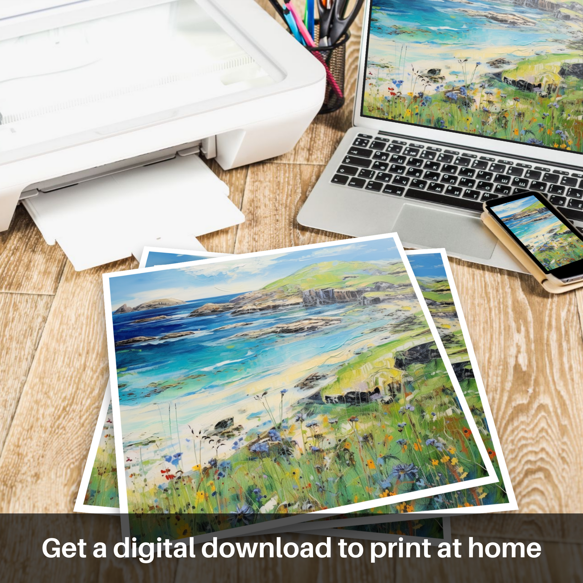 Downloadable and printable picture of Calgary Bay, Isle of Mull in summer