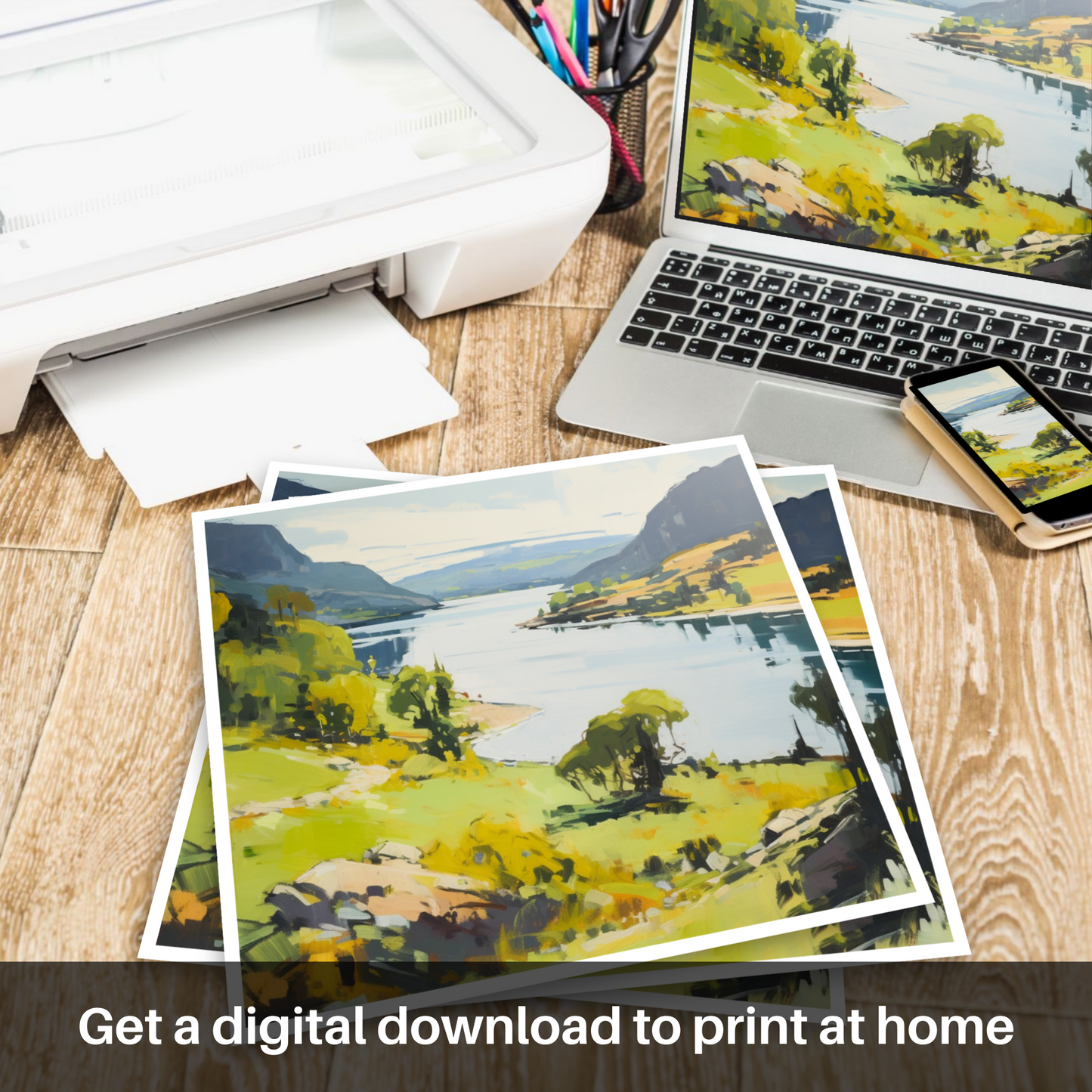 Painting and Art Print of Loch Ness, Highlands in summer. Summer Serenade in the Scottish Highlands.