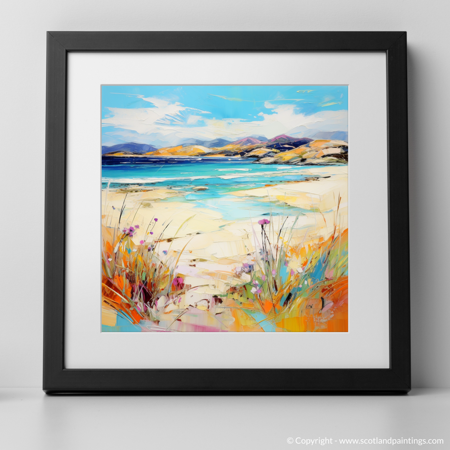 Art Print of Seilebost Beach, Isle of Harris in summer with a black frame