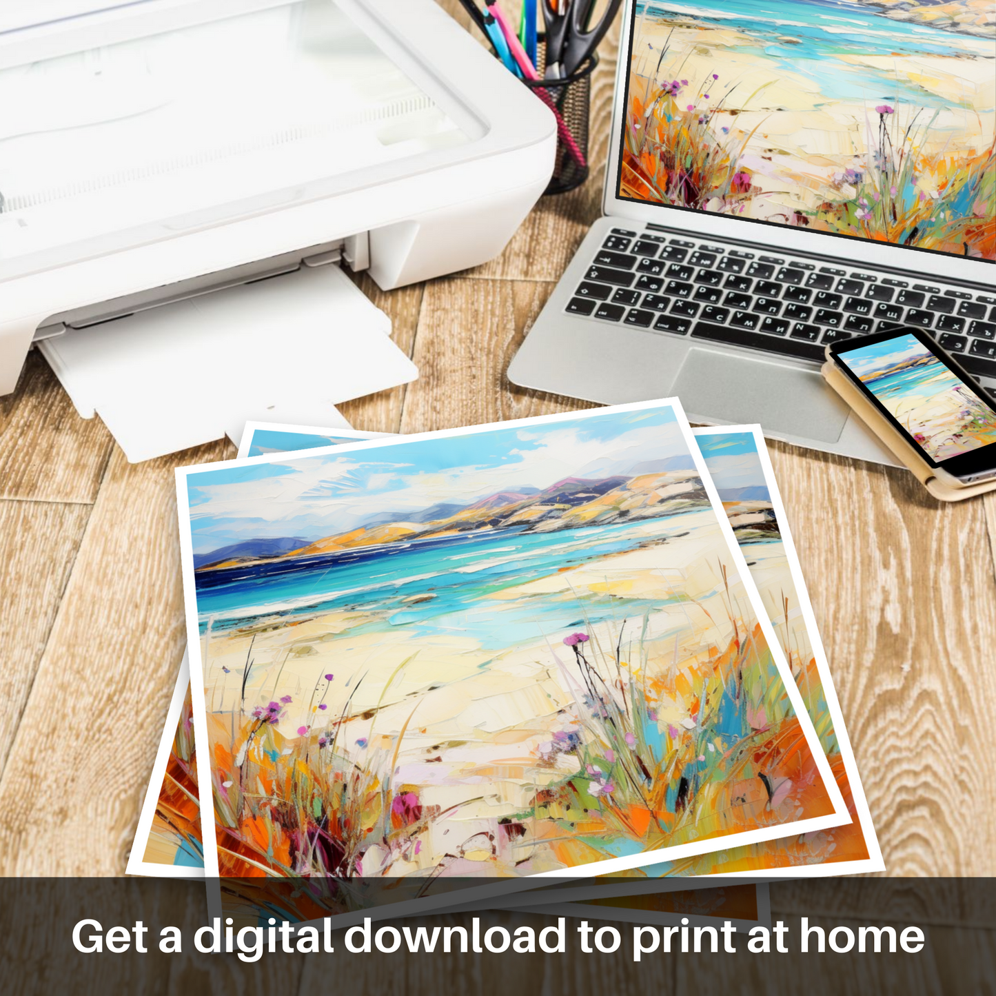 Downloadable and printable picture of Seilebost Beach, Isle of Harris in summer