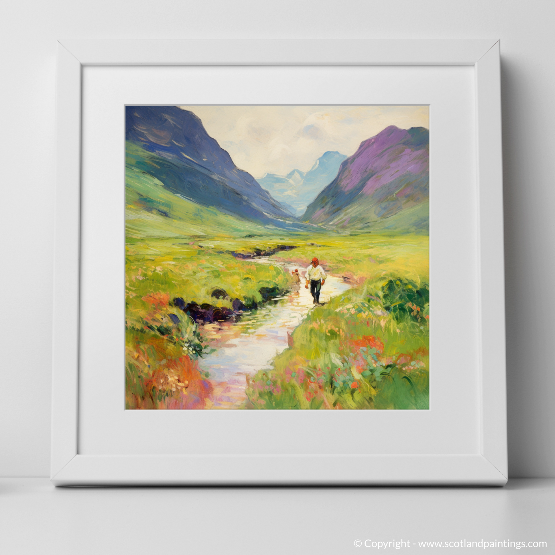 Art Print of Walkers in Glencoe during summer with a white frame