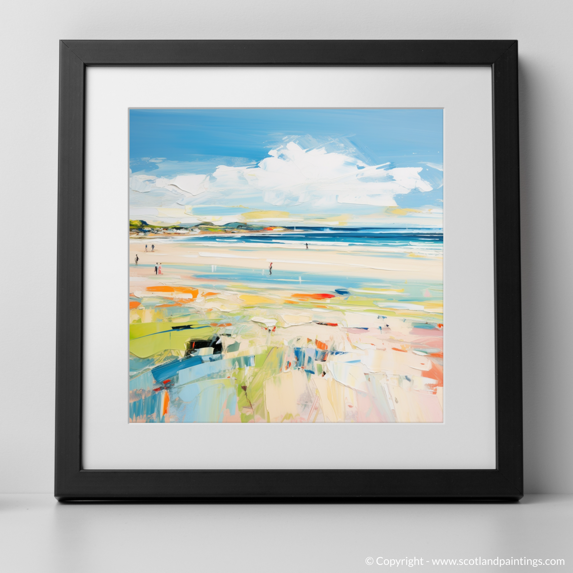 Art Print of St Cyrus Beach, Aberdeenshire in summer with a black frame