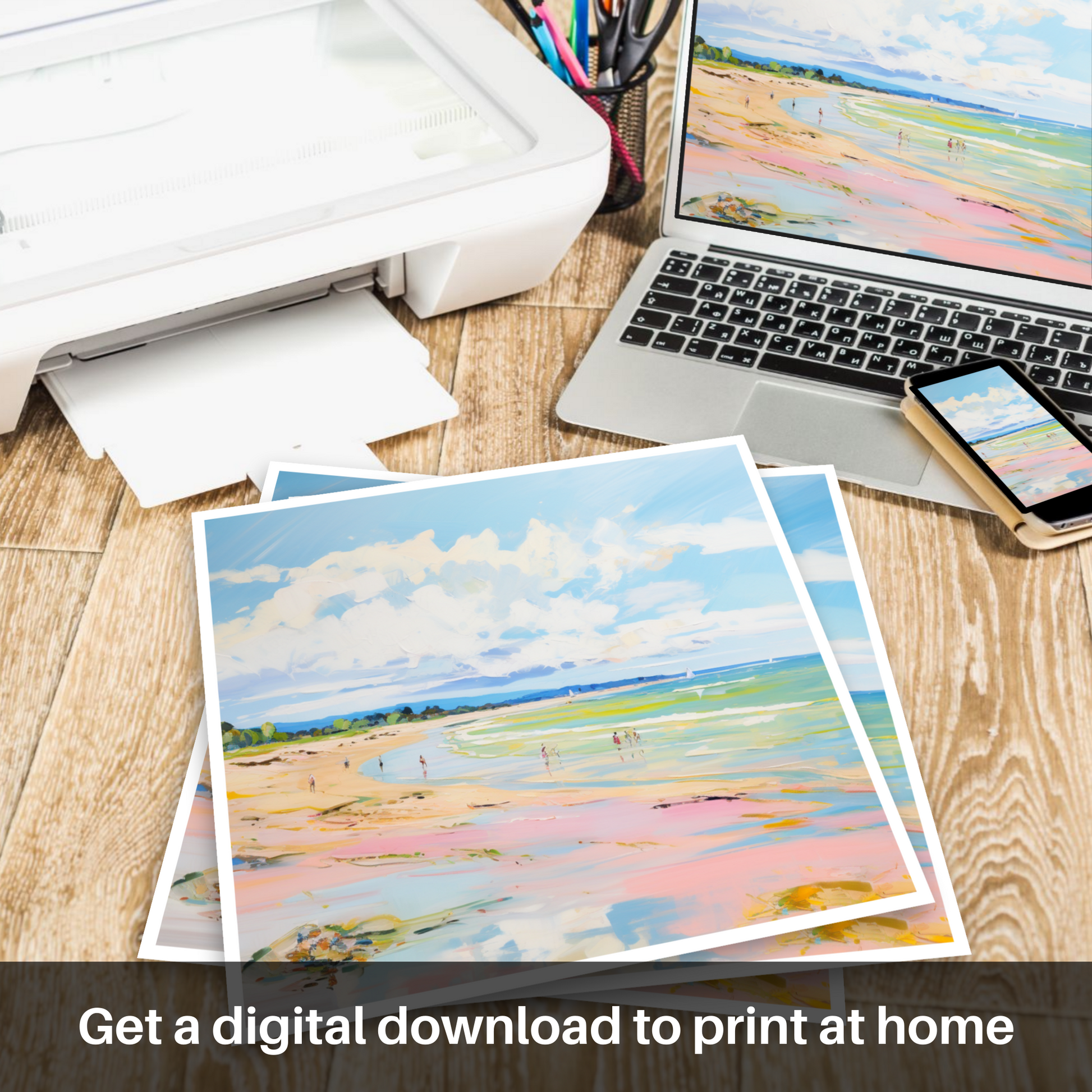 Downloadable and printable picture of Longniddry Beach, East Lothian in summer