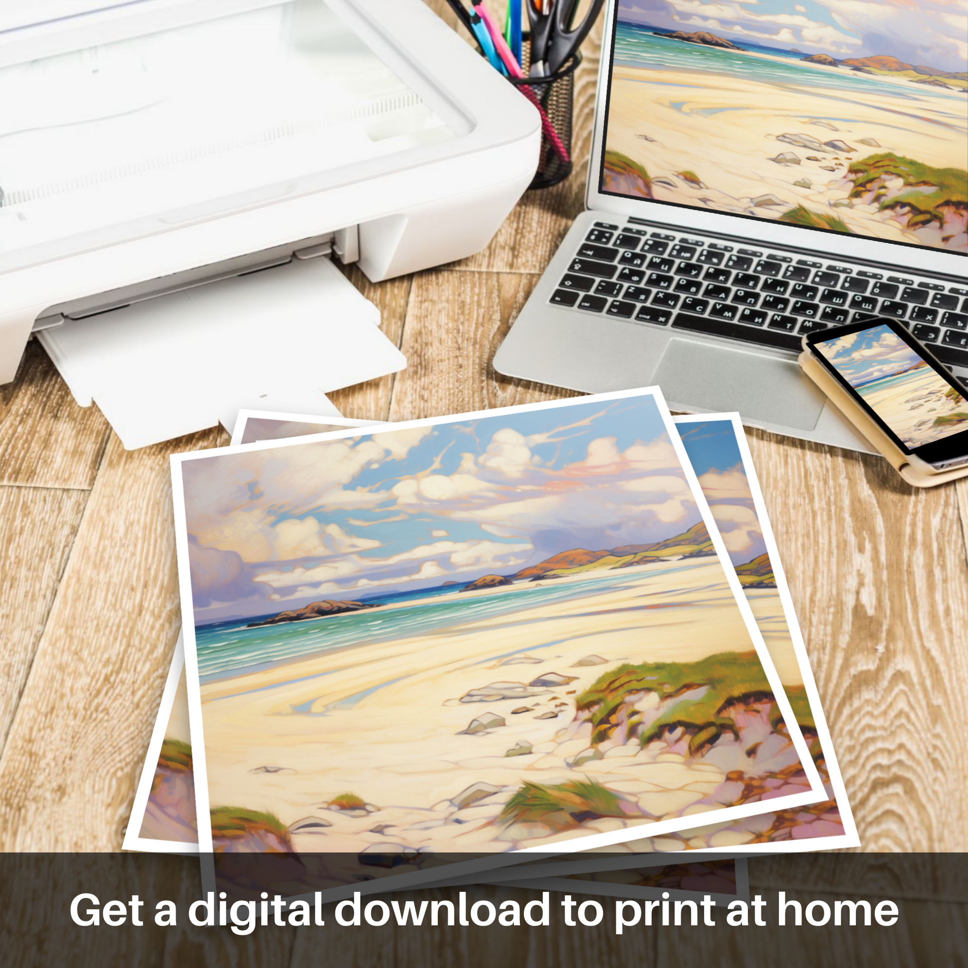 Downloadable and printable picture of Luskentyre Sands, Isle of Lewis in summer