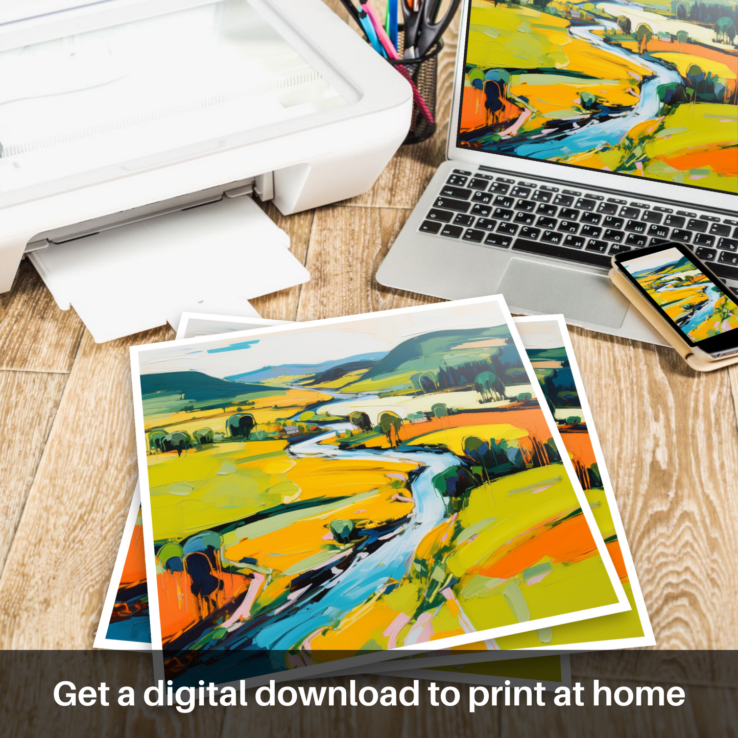 Downloadable and printable picture of River Tweed, Scottish Borders in summer