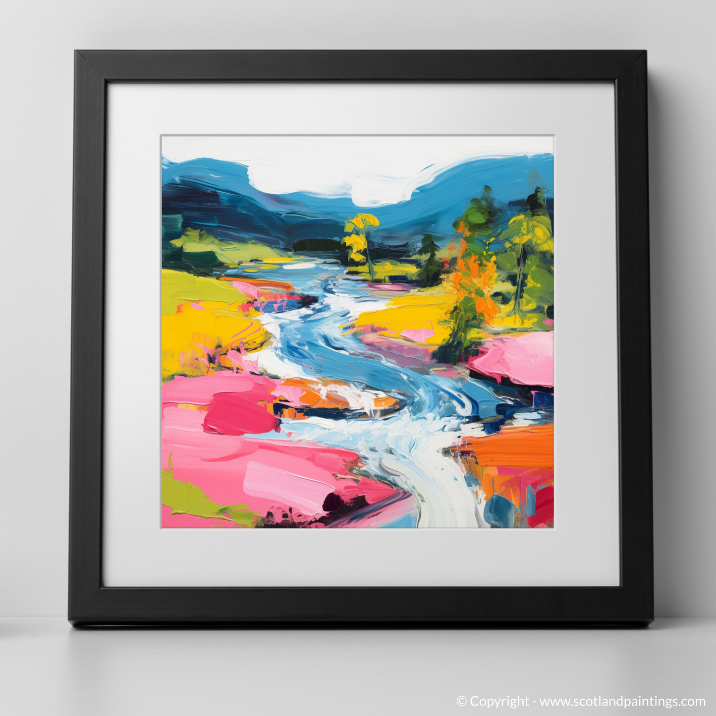 Art Print of River Garry, Highlands in summer with a black frame
