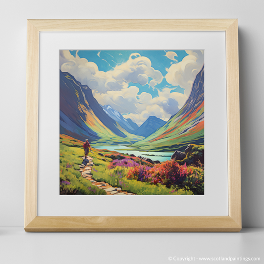 Art Print of Lone hiker in Glencoe during summer with a natural frame