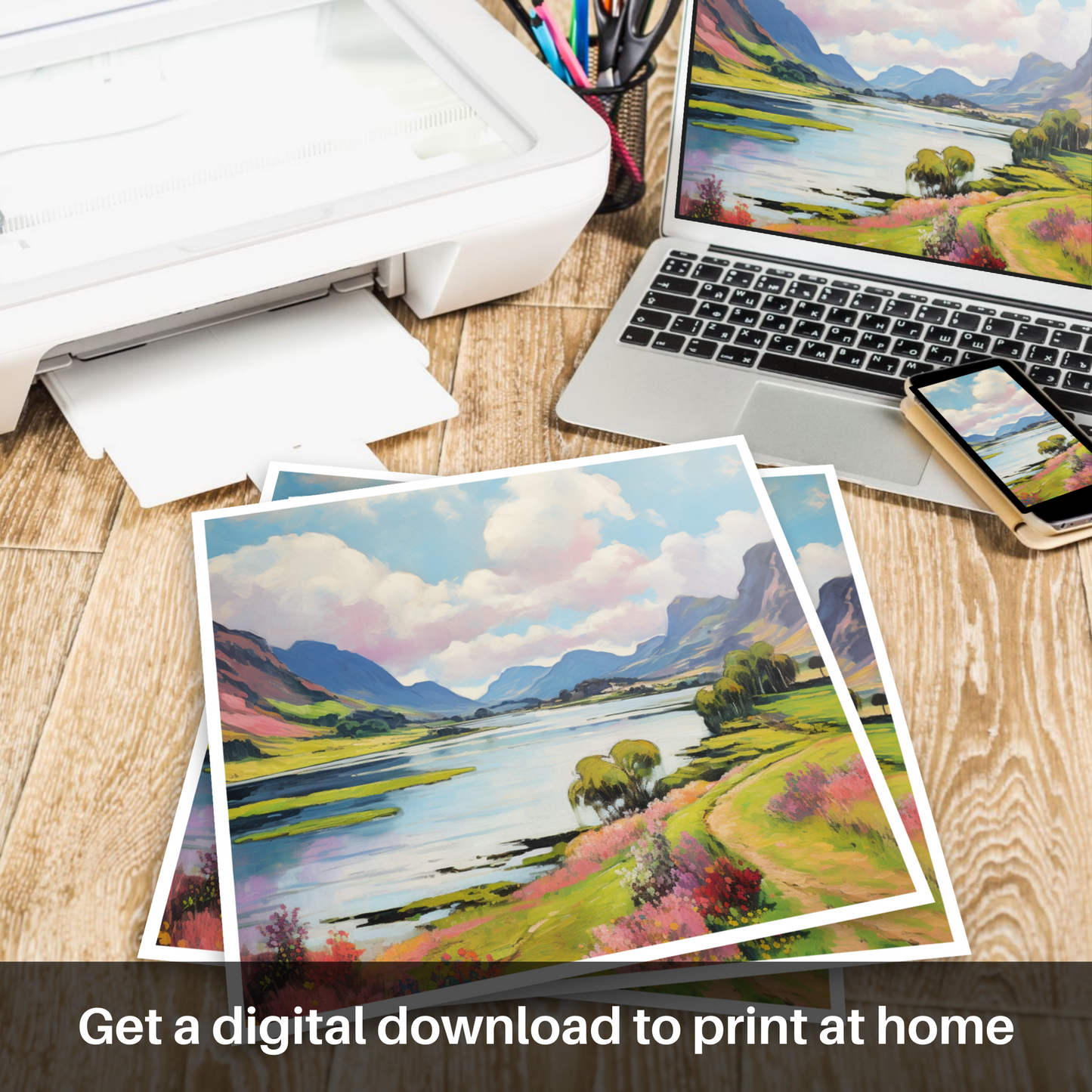 Downloadable and printable picture of Loch Leven, Highlands in summer