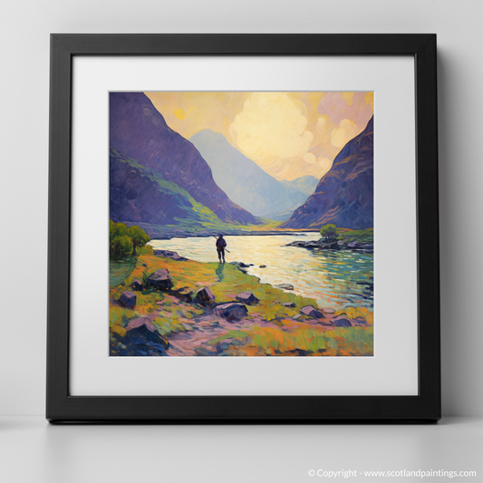Art Print of Lone hiker in Glencoe during summer with a black frame