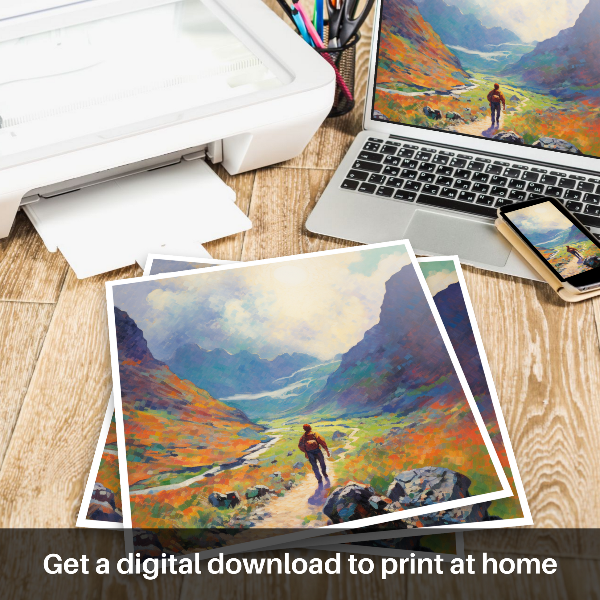 Downloadable and printable picture of Lone hiker in Glencoe during summer