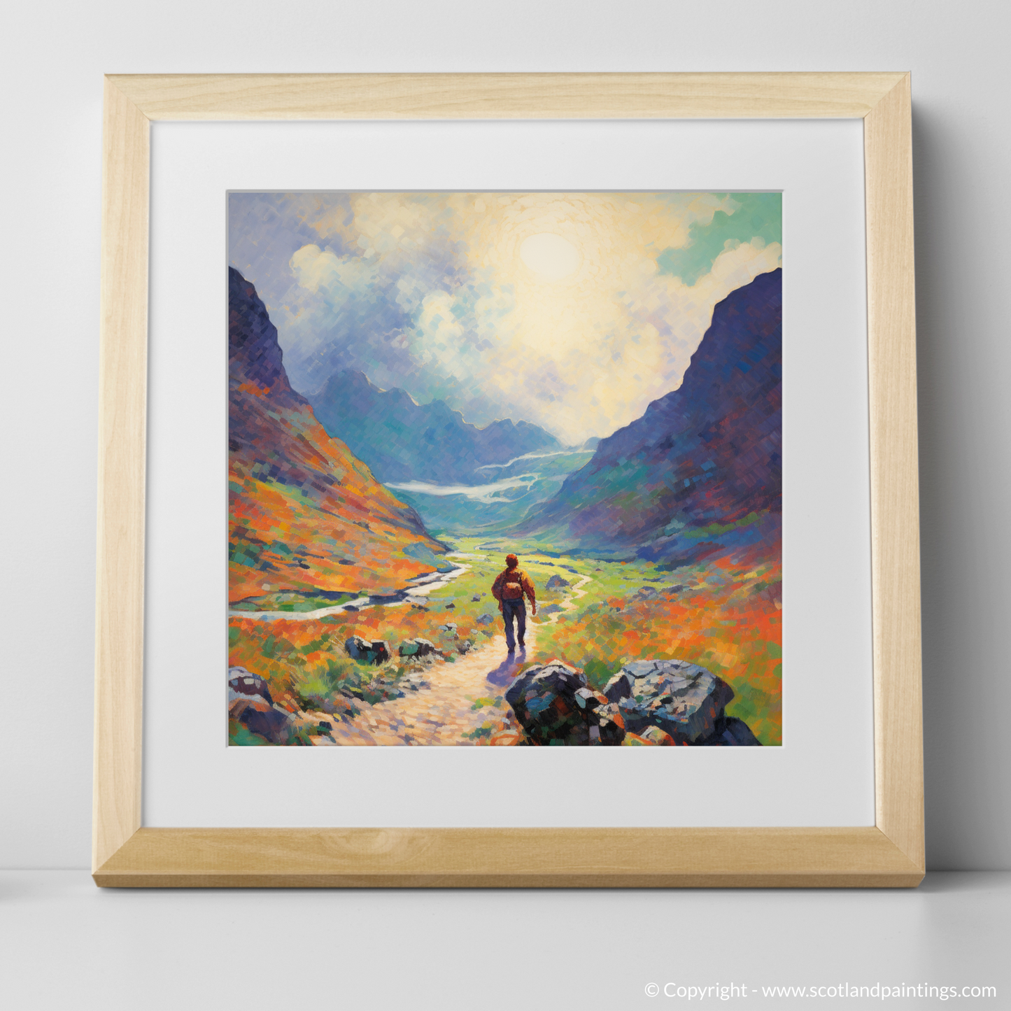 Art Print of Lone hiker in Glencoe during summer with a natural frame