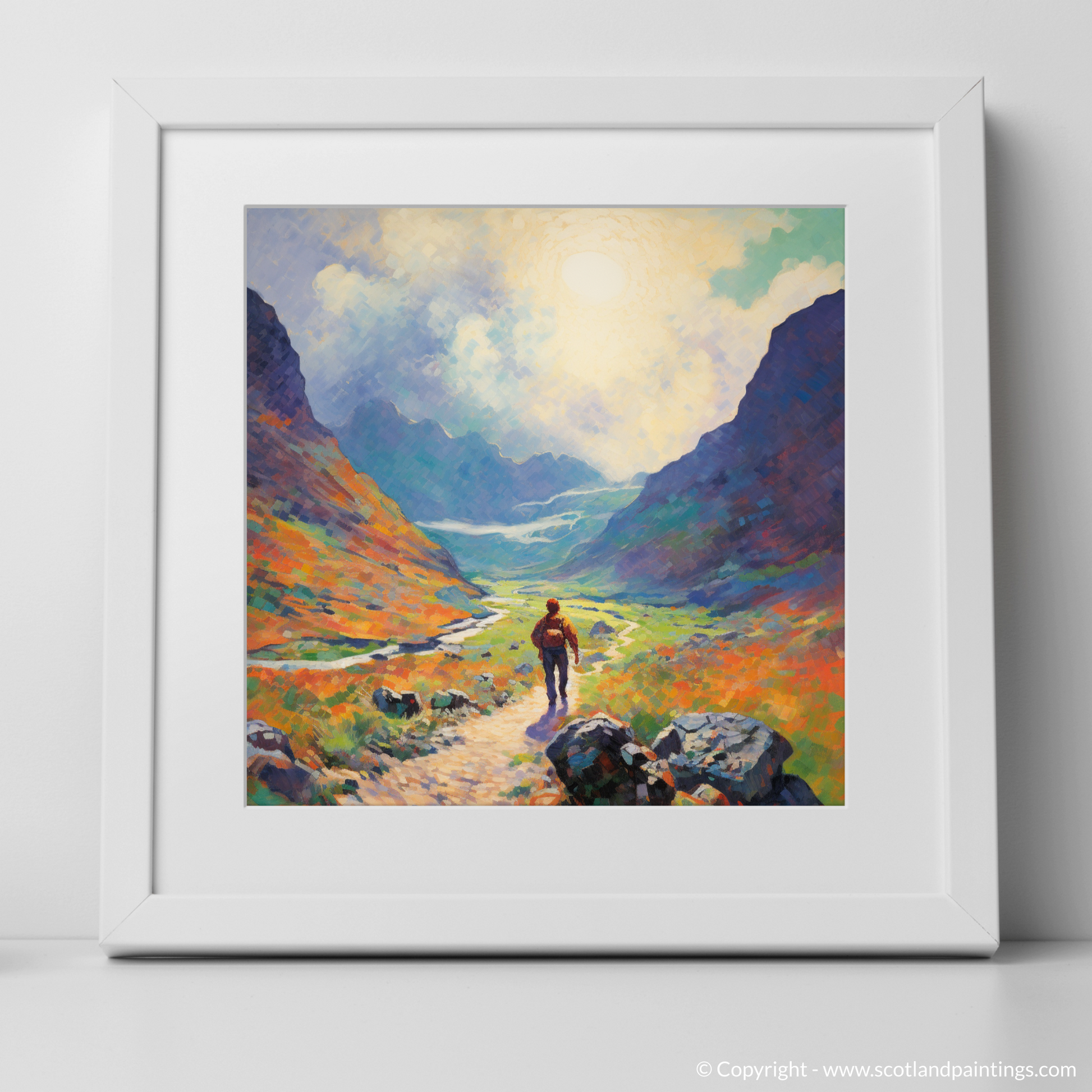 Art Print of Lone hiker in Glencoe during summer with a white frame