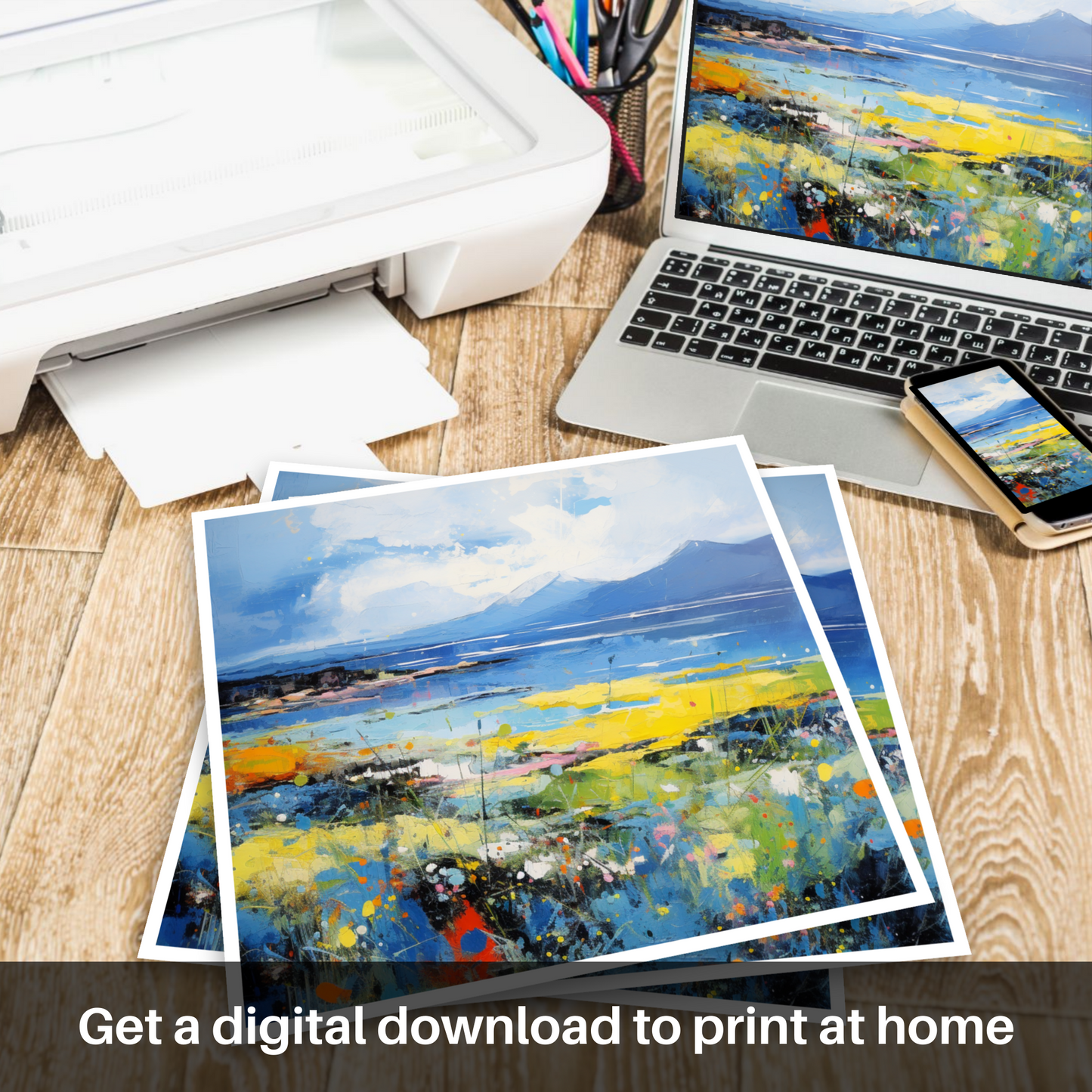 Painting and Art Print of Isle of Arran, Firth of Clyde in summer. Abstract Arran Summerscape.