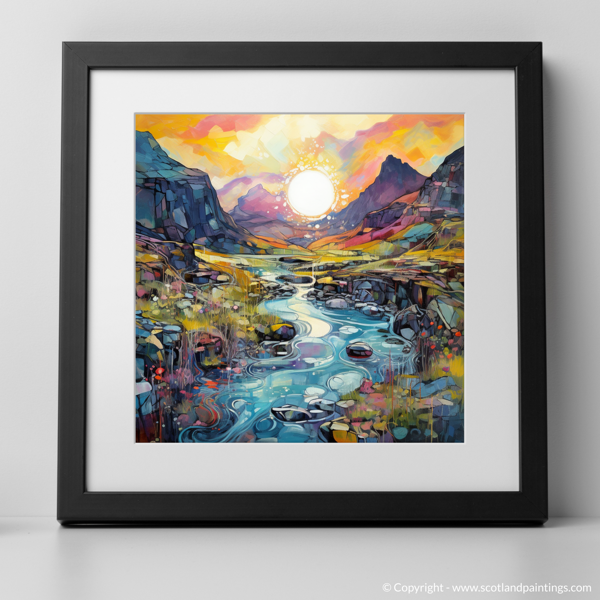 Art Print of Isle of Skye Fairy Pools at golden hour in summer with a black frame