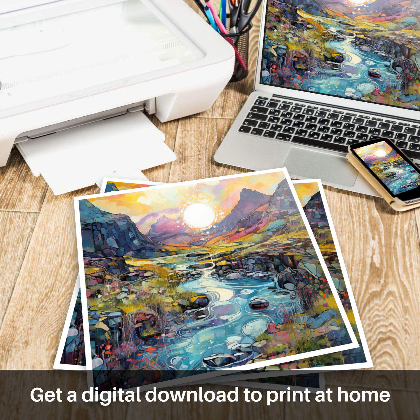 Downloadable and printable picture of Isle of Skye Fairy Pools at golden hour in summer