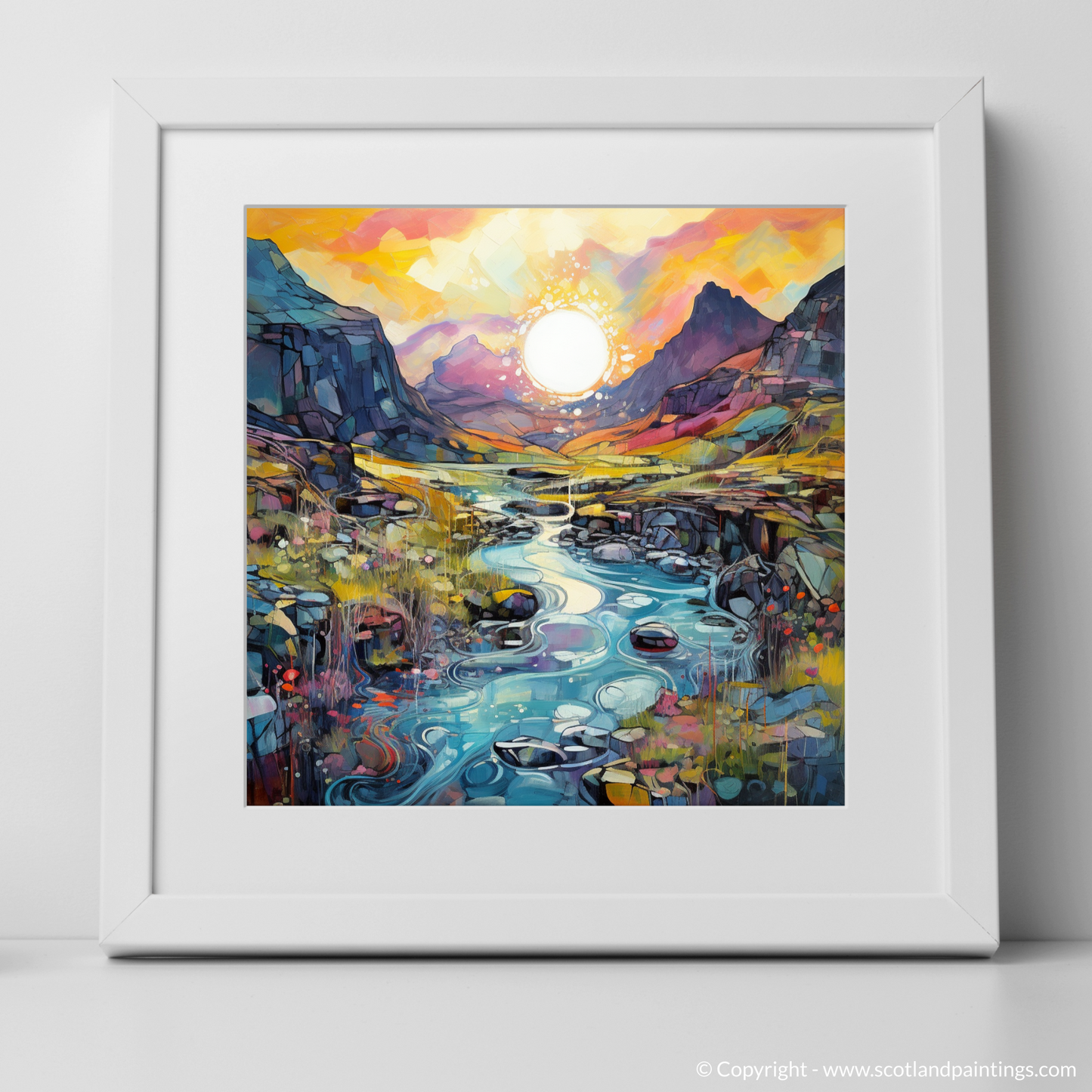 Art Print of Isle of Skye Fairy Pools at golden hour in summer with a white frame