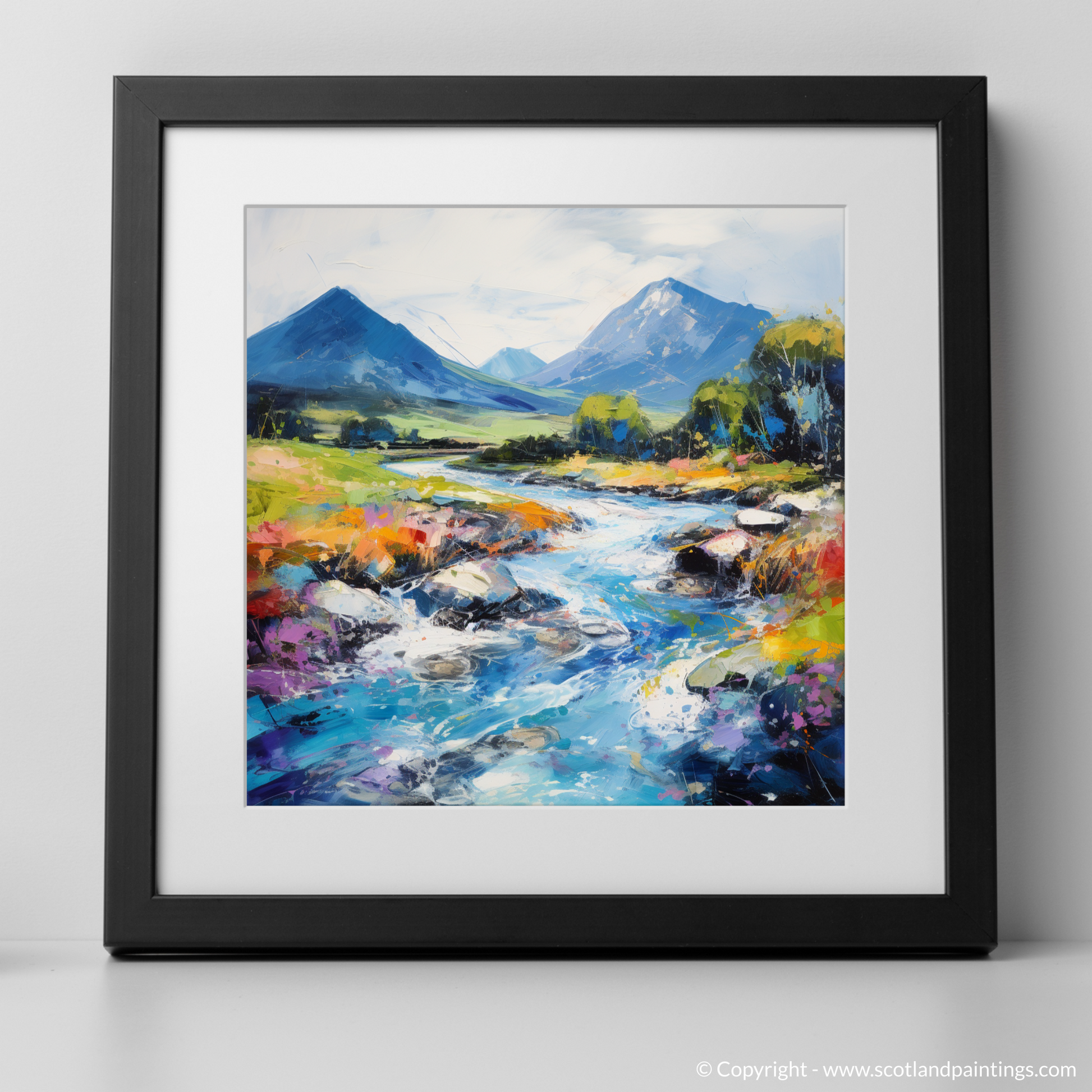Art Print of River Etive, Argyll and Bute in summer with a black frame