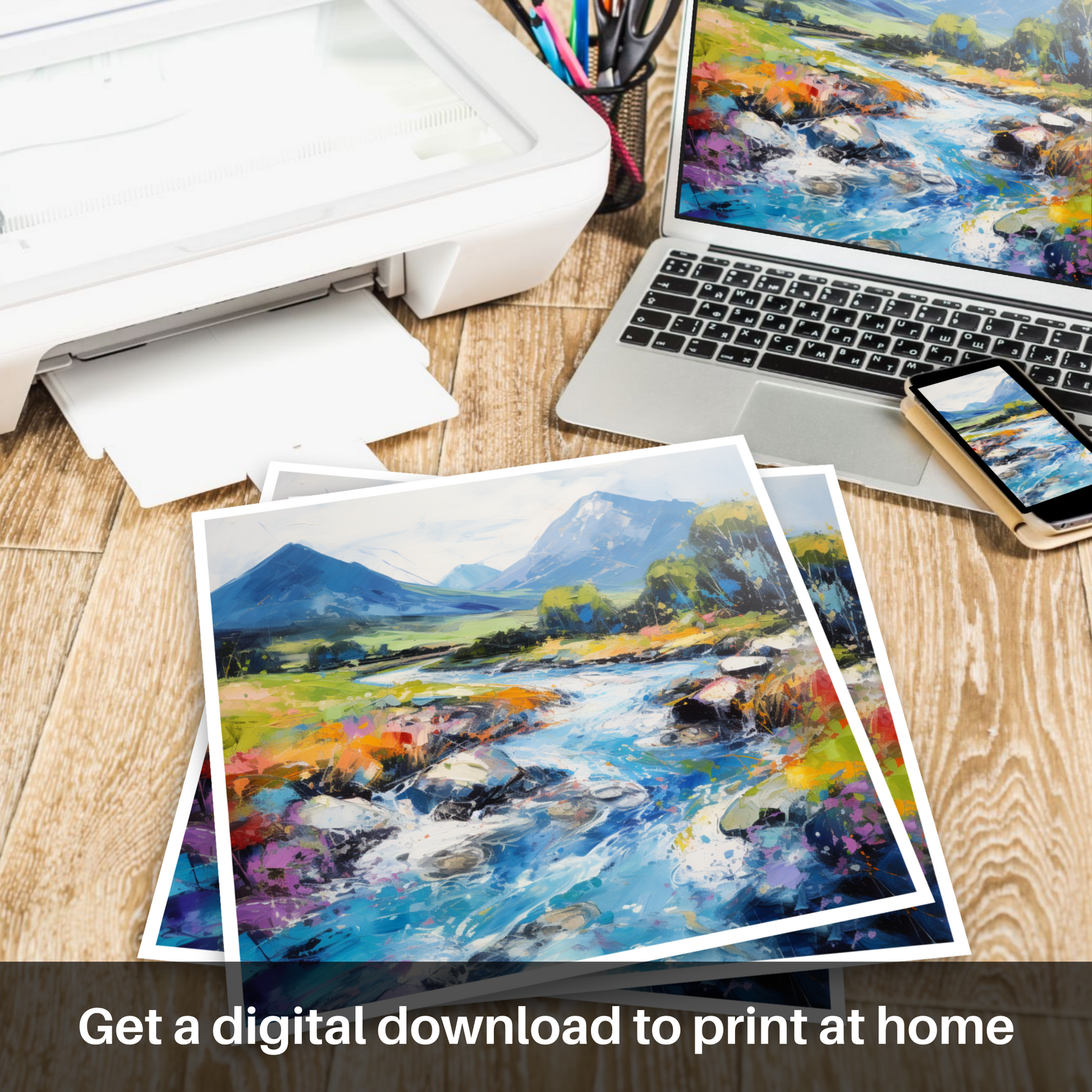 Downloadable and printable picture of River Etive, Argyll and Bute in summer