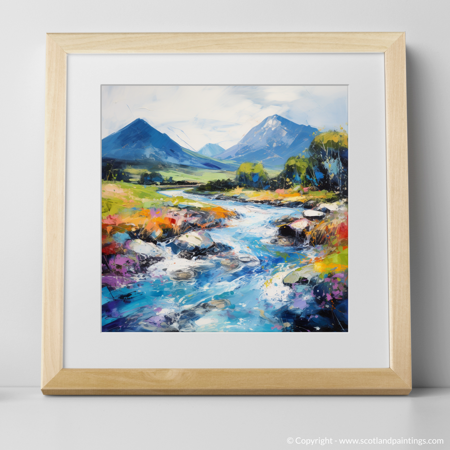 Art Print of River Etive, Argyll and Bute in summer with a natural frame