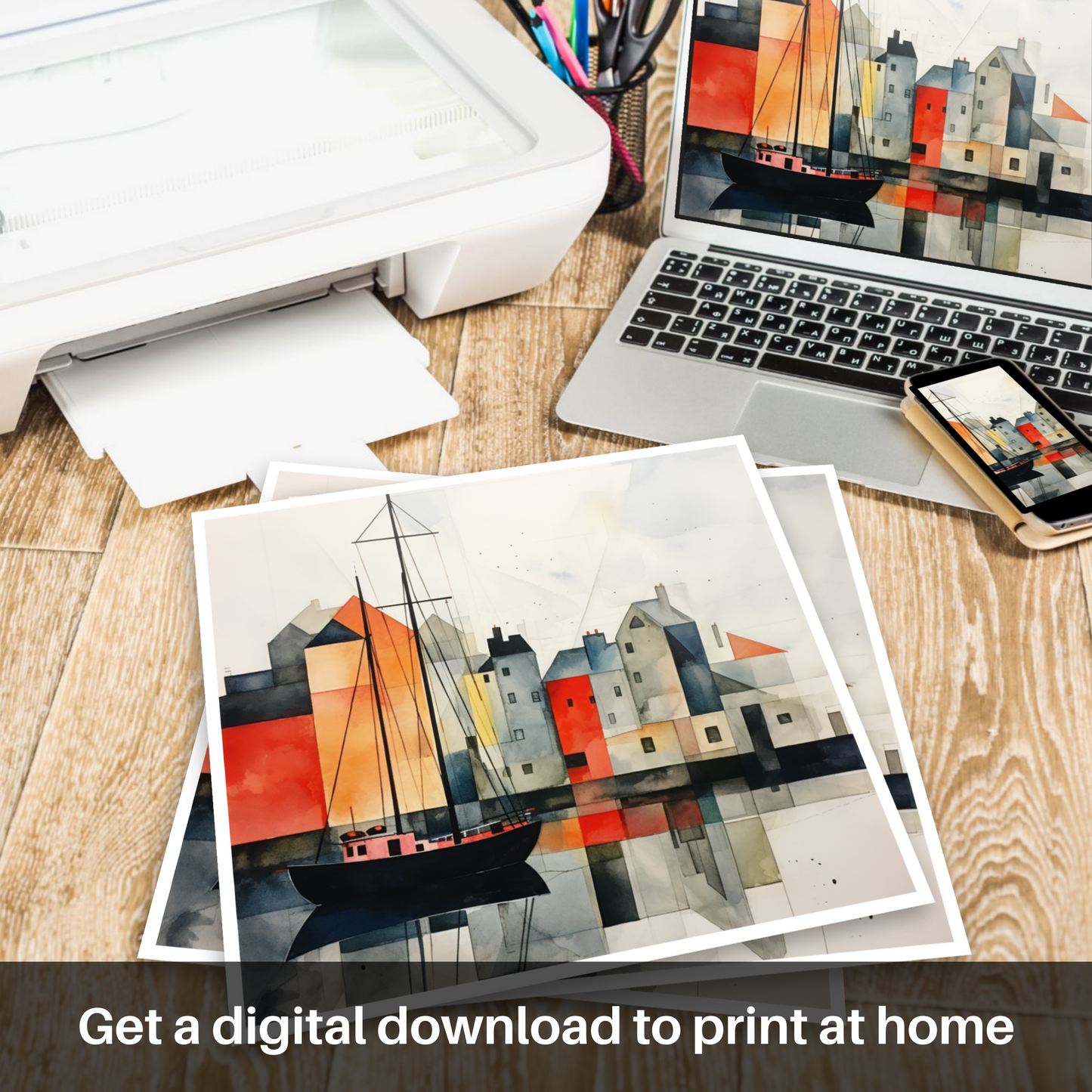 Sailboat Serenity: A Scottish Harbour in Minimalist Hues