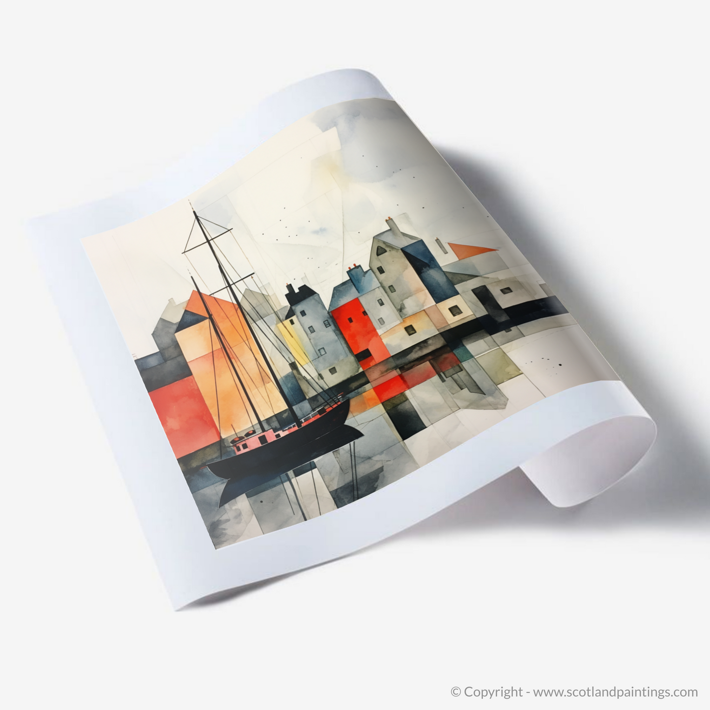 Sailboat Serenity: A Scottish Harbour in Minimalist Hues