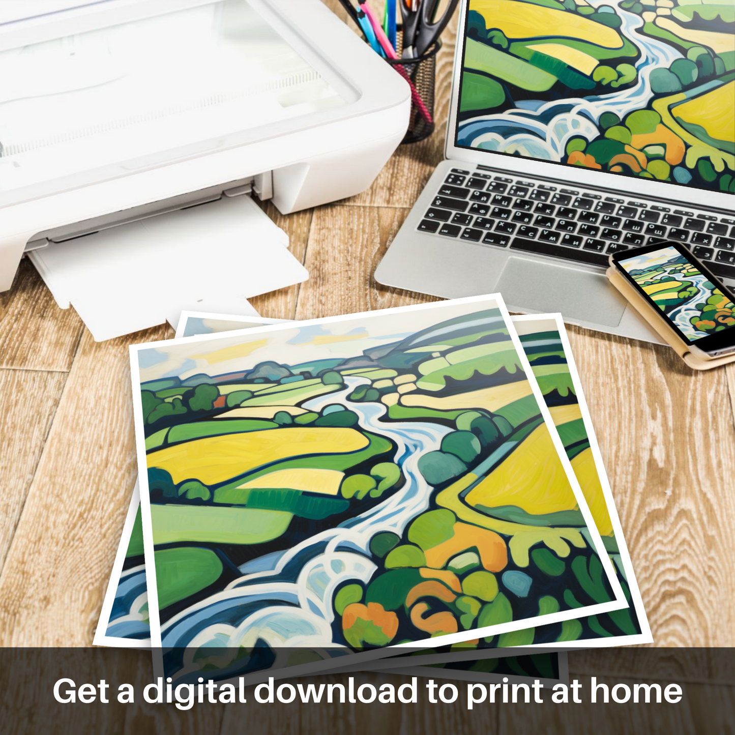 Painting and Art Print of River Tweed, Scottish Borders in summer. Summer Symphony on the River Tweed.