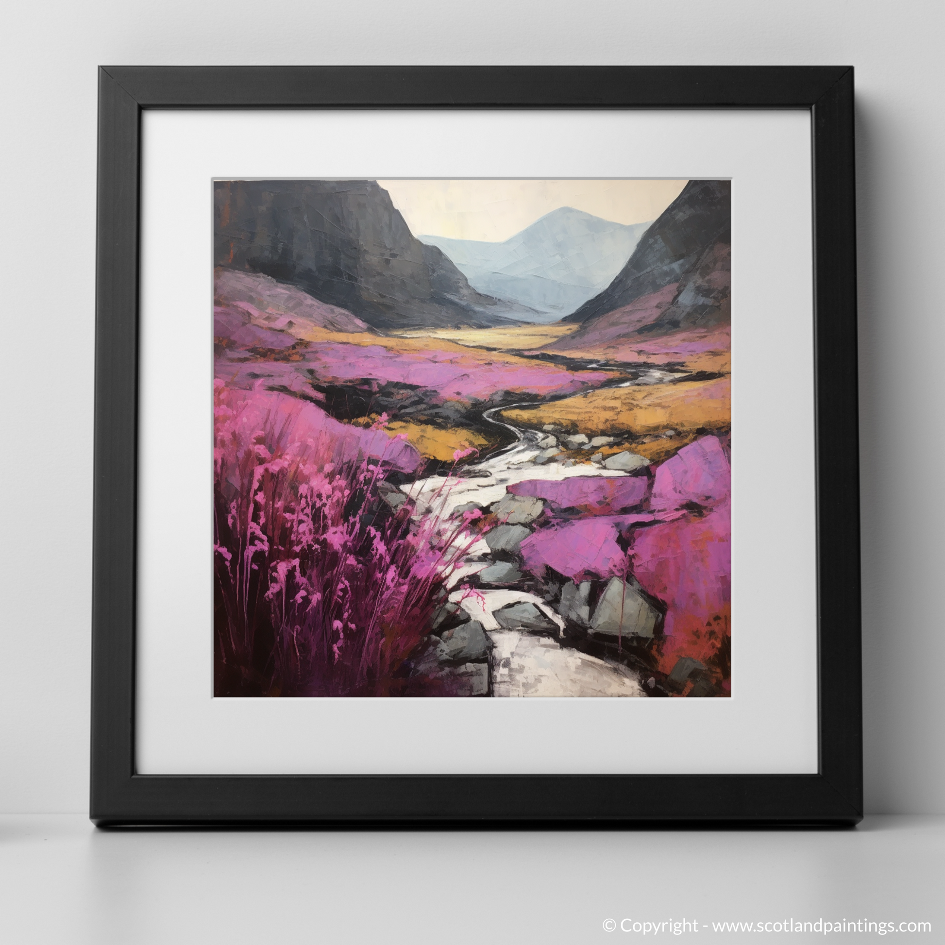 Art Print of Heather blooms by River Coe in Glencoe with a black frame